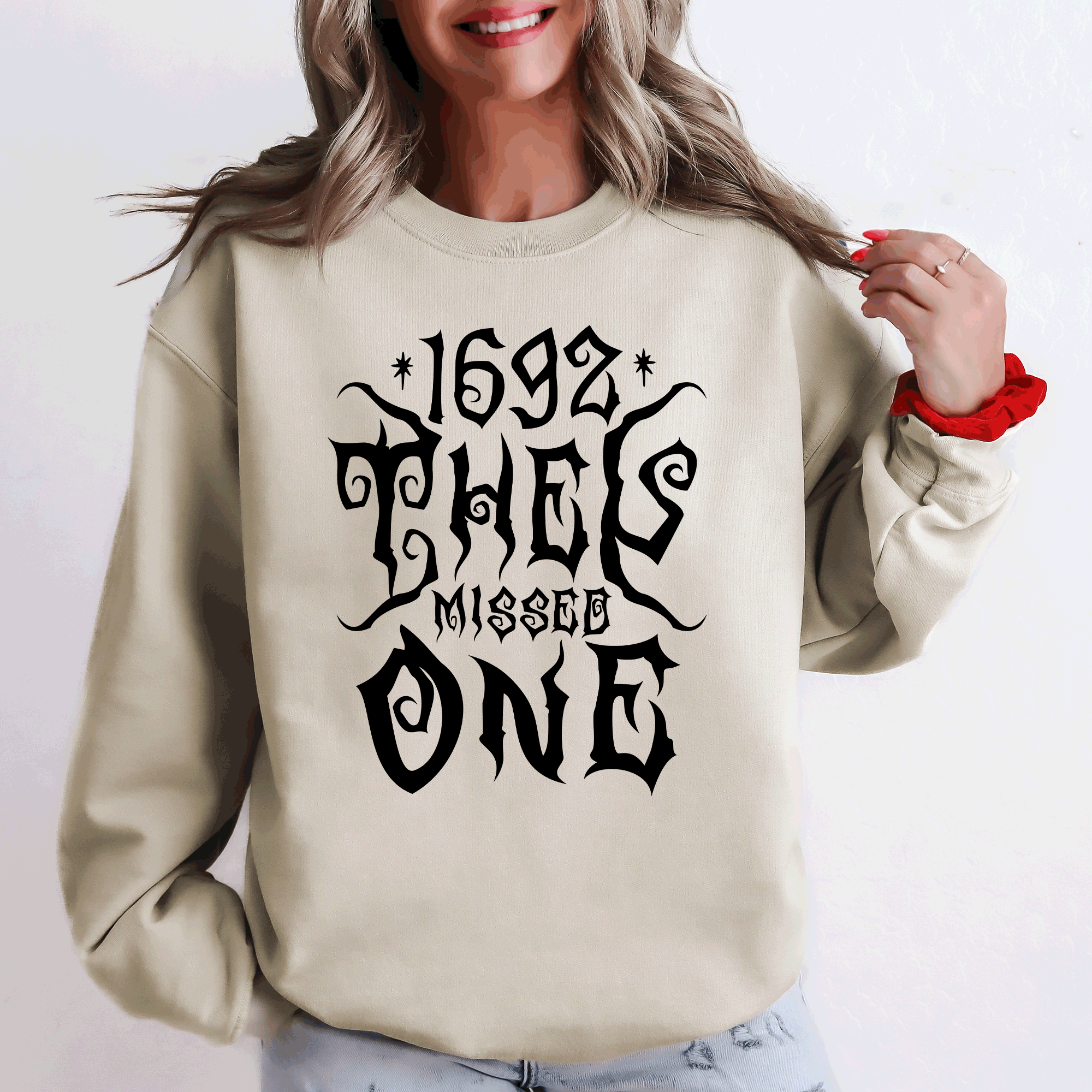 1692 They Missed One Salem Spooky Witch Halloween Night Edition Deluxe Cozy Graphic Sweatshirt