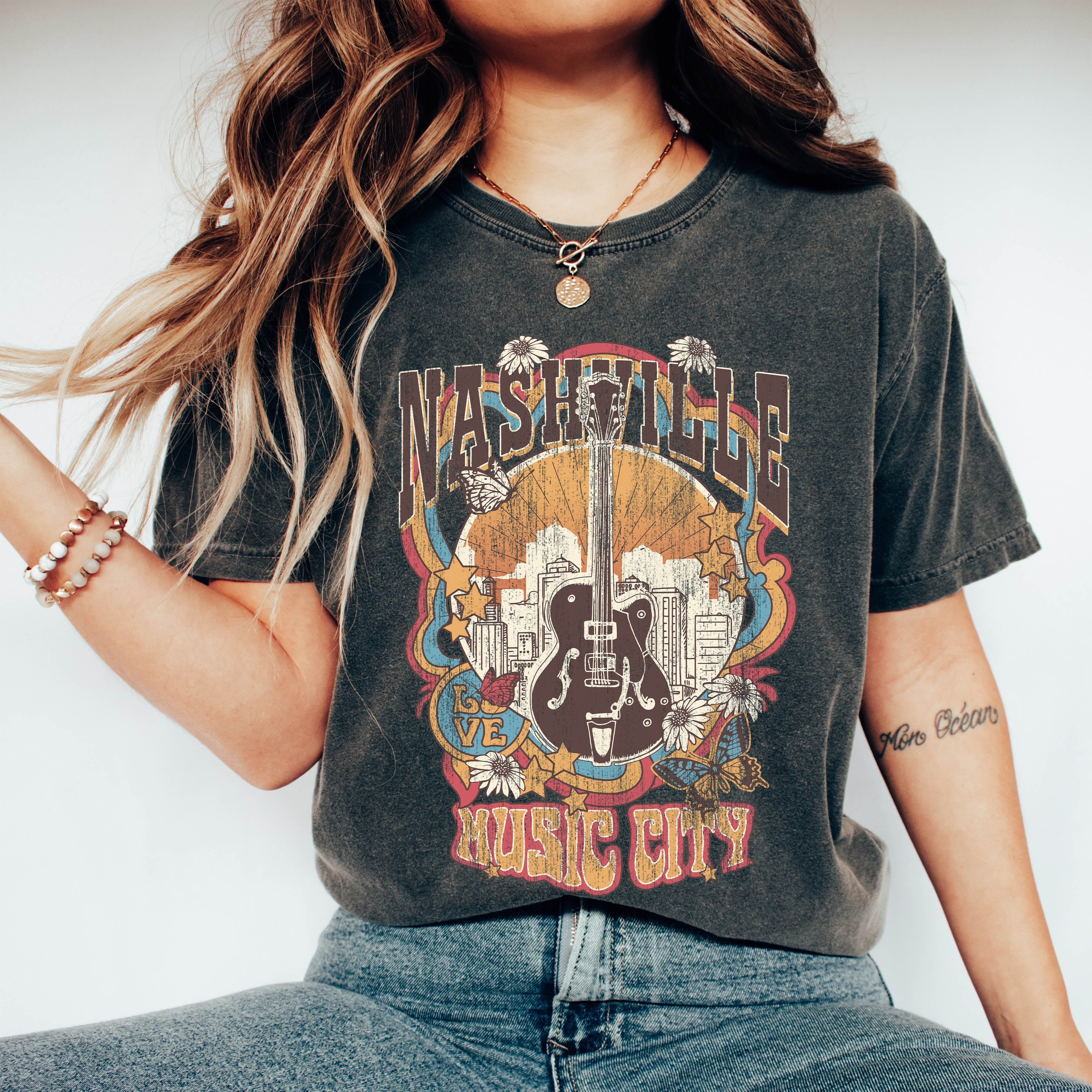Nashville Music City Colorful Sunset Skyline Edition Deluxe Limited Comfort Colors Tee
