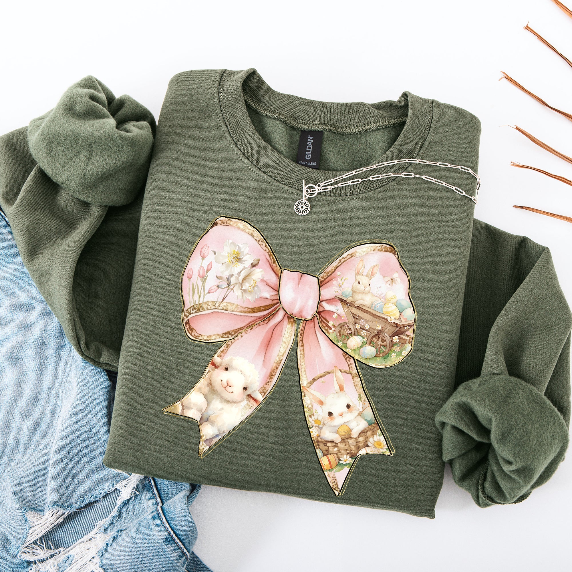 Adorable Bow Ribbon Easter Bunny Jesus Rabbit Holiday Celebration Ensemble Sweatshirt