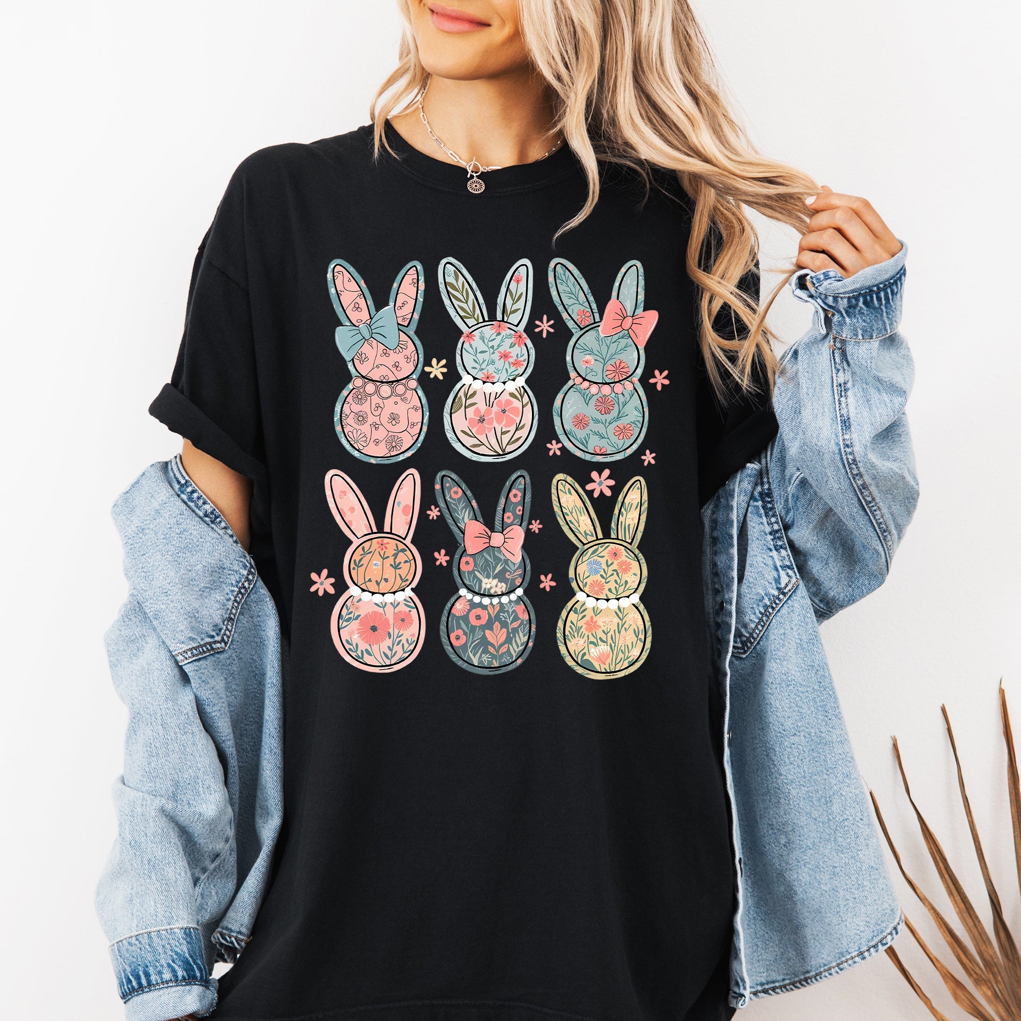 Adorable Floral Bunnies Easter Jesus Rabbit Holiday Theme Graphic Comfort Colors Tee