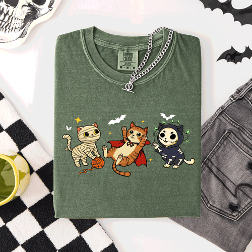 Adorable Halloween Cats Cozy Autumn Cat Themed Whimsical Feline Nighttime Festival Favorite Comfort Colors Tee