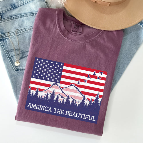 America The Beautiful Flag Mountain Patriotic Landscape Emblem Comfort Colors Tee