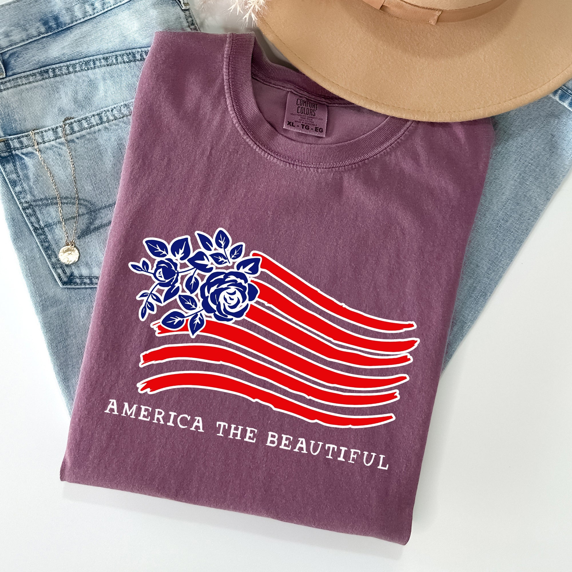 America The Beautiful Flower Flag Patriotic Heritage Pride Vintage Americana Statement Comfort Colors Tee