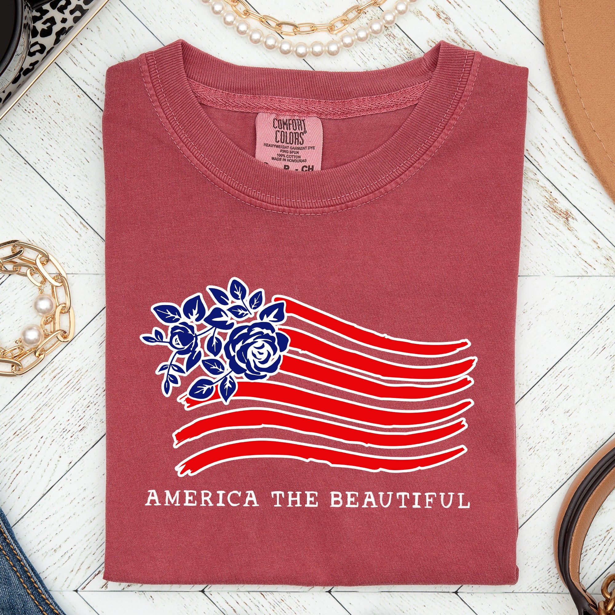 America The Beautiful Flower Flag Patriotic Heritage Pride Vintage Americana Statement Comfort Colors Tee