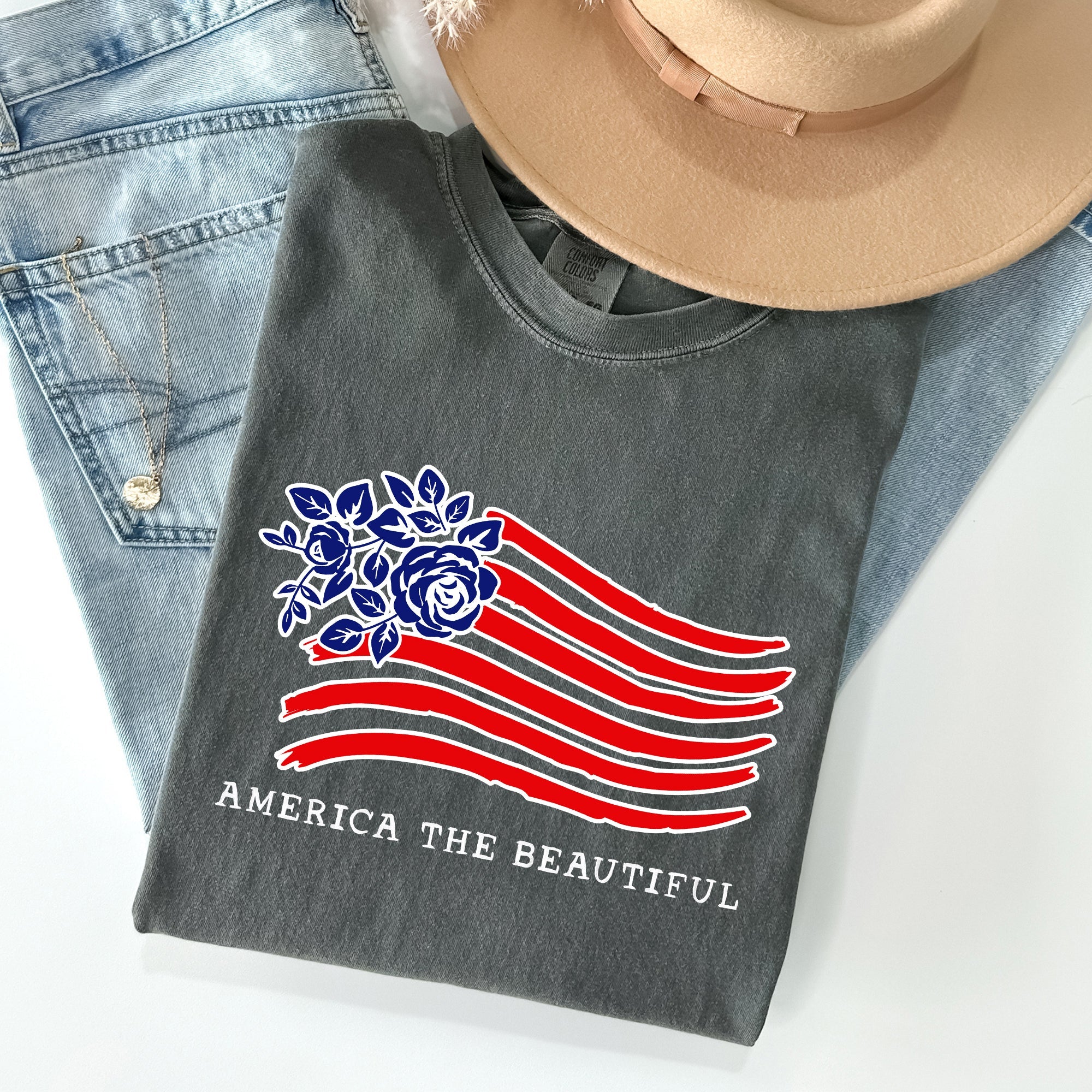 America The Beautiful Flower Flag Patriotic Heritage Pride Vintage Americana Statement Comfort Colors Tee
