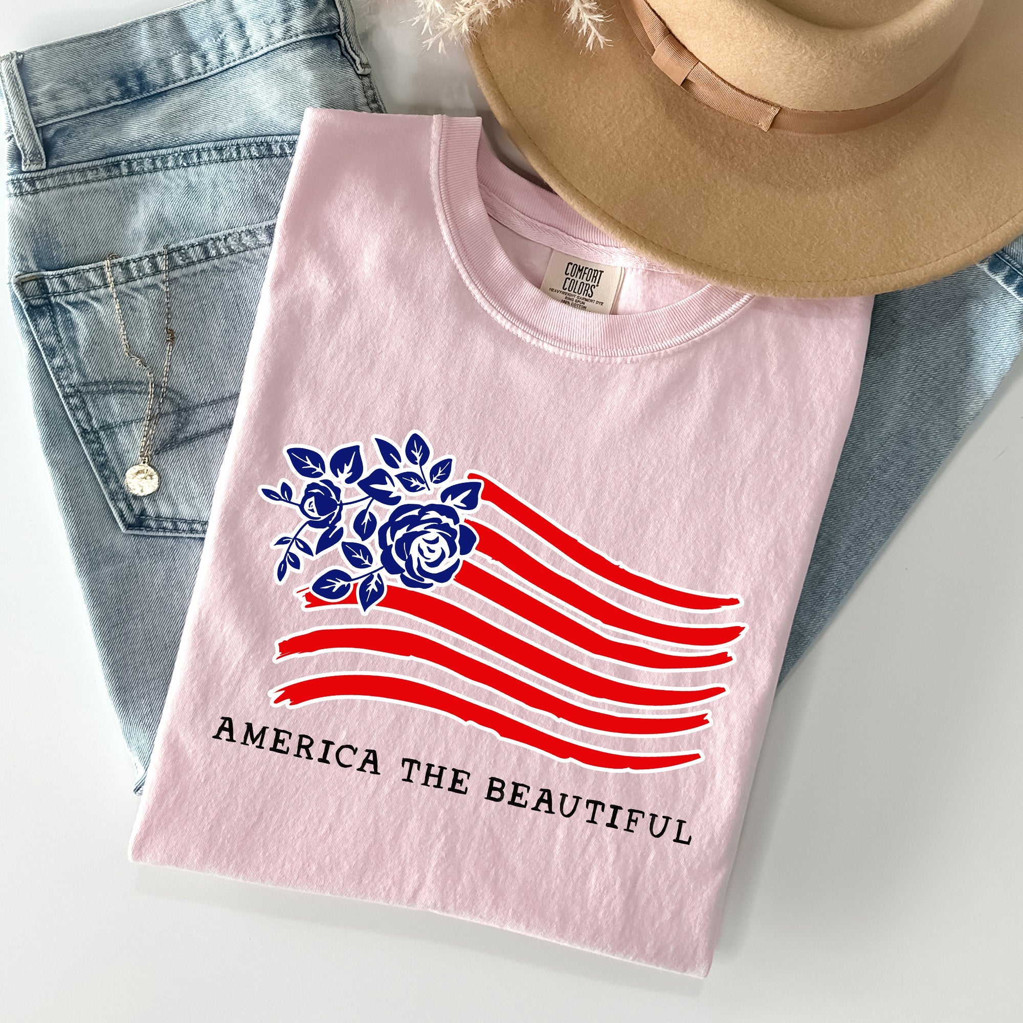 America The Beautiful Flower Flag Patriotic Heritage Pride Vintage Americana Statement Comfort Colors Tee
