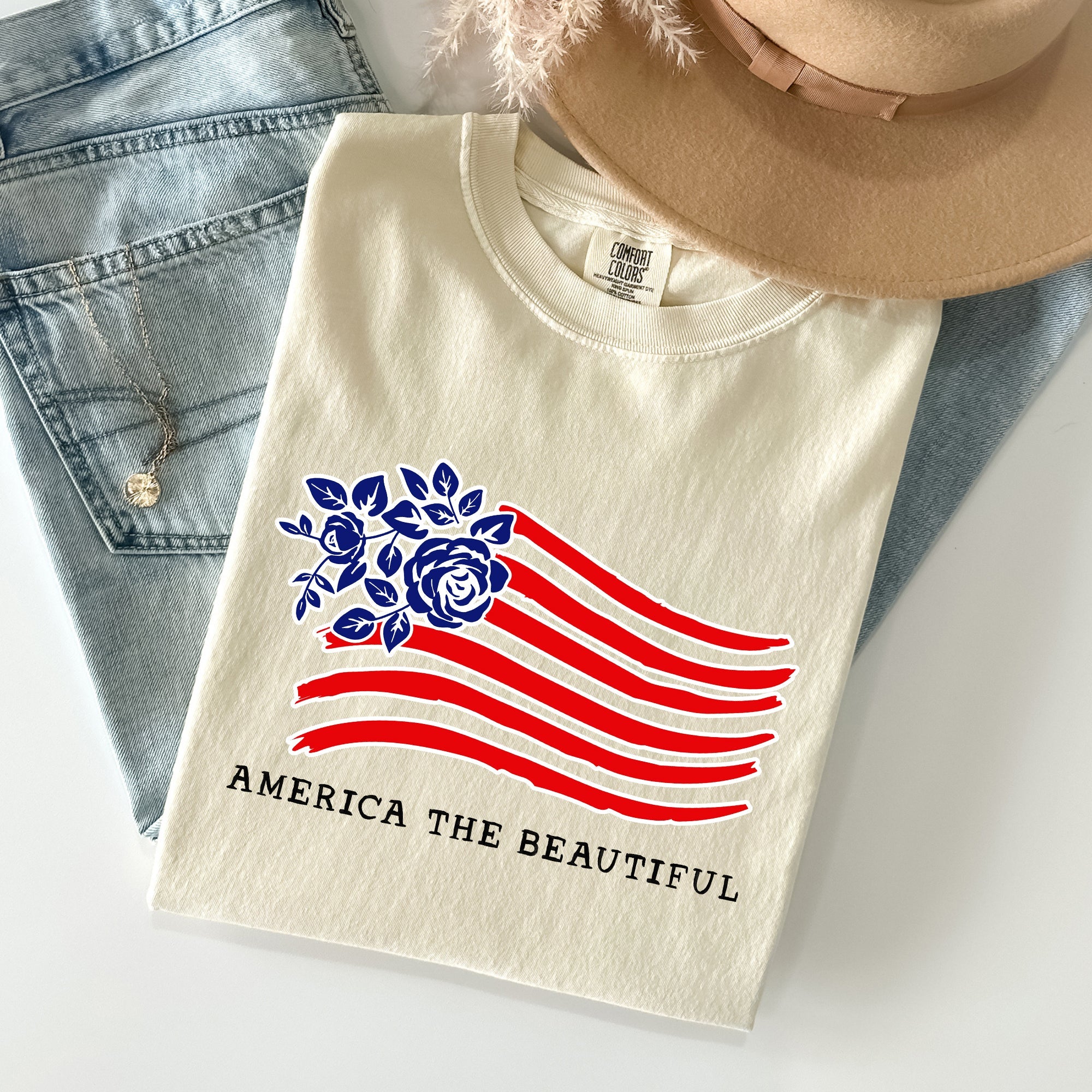 America The Beautiful Flower Flag Patriotic Heritage Pride Vintage Americana Statement Comfort Colors Tee