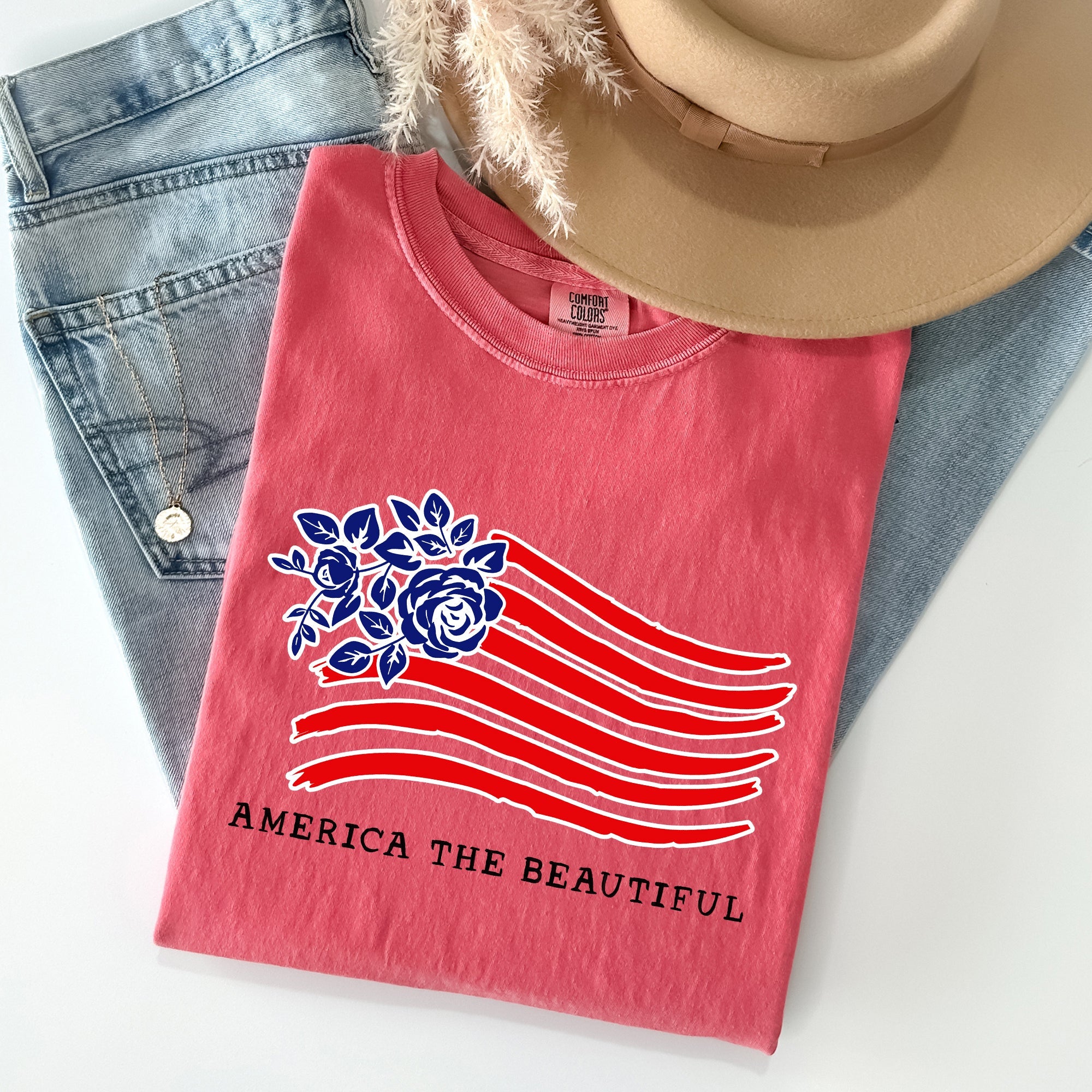 America The Beautiful Flower Flag Patriotic Heritage Pride Vintage Americana Statement Comfort Colors Tee
