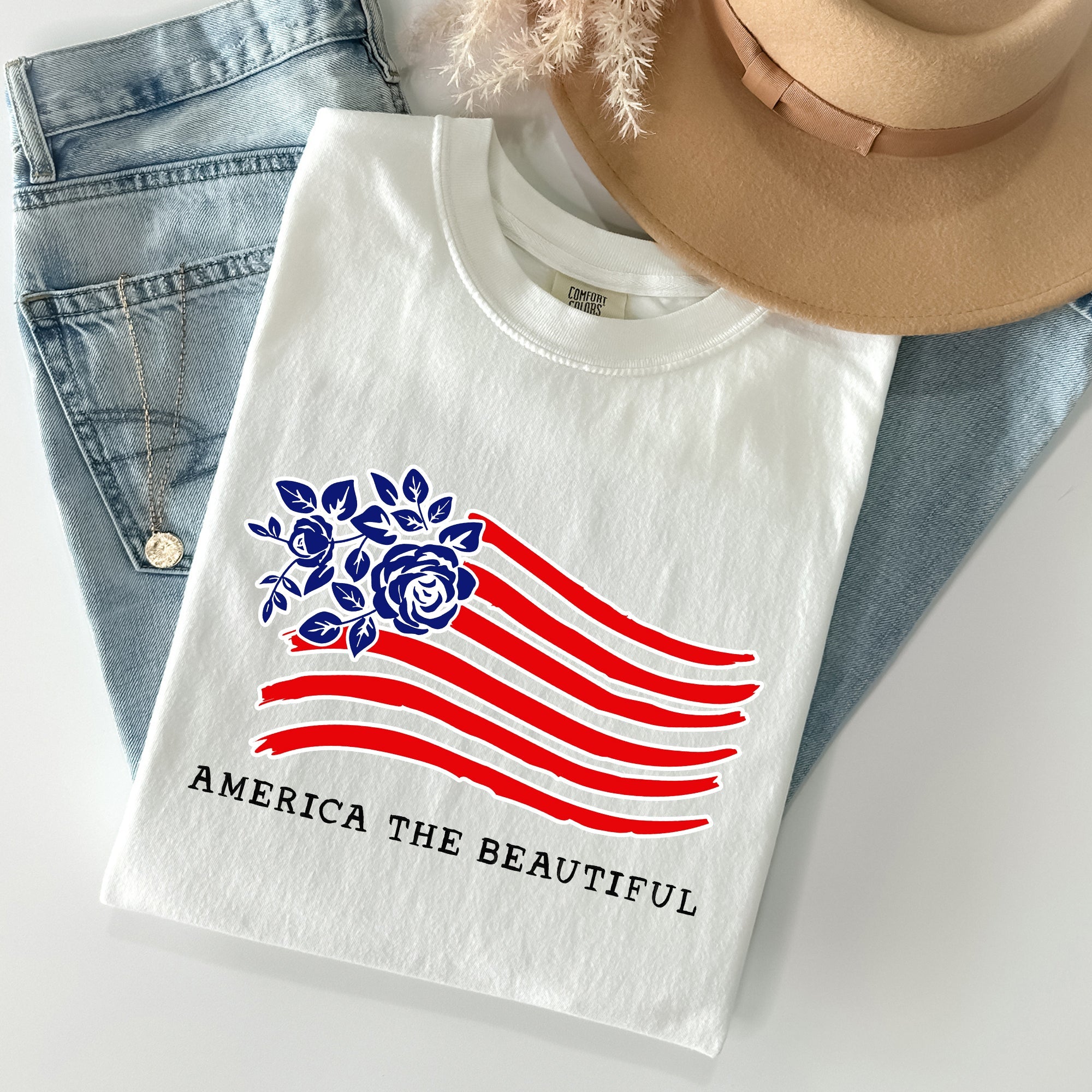 America The Beautiful Flower Flag Patriotic Heritage Pride Vintage Americana Statement Comfort Colors Tee