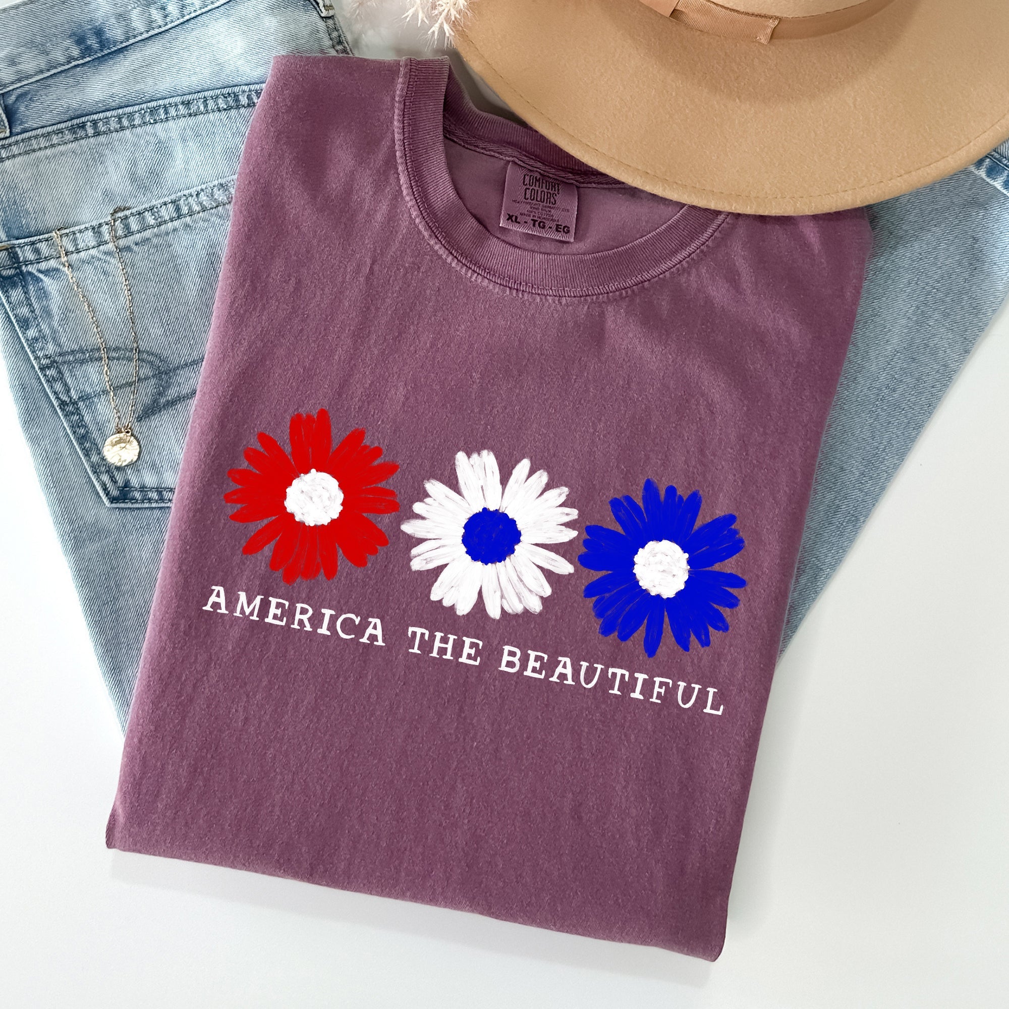 America The Beautiful Flowers Vintage Patriotic Floral Design Comfort Colors Tee