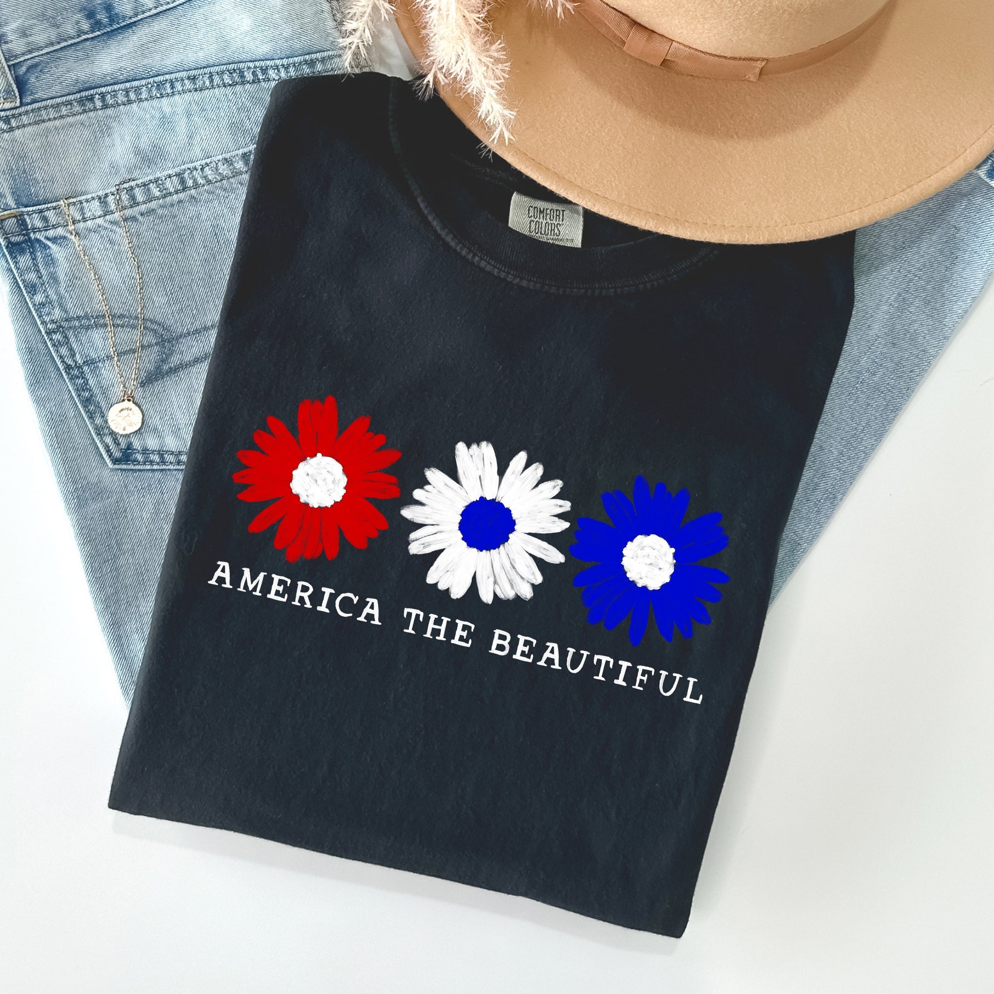 America The Beautiful Flowers Vintage Patriotic Floral Design Comfort Colors Tee