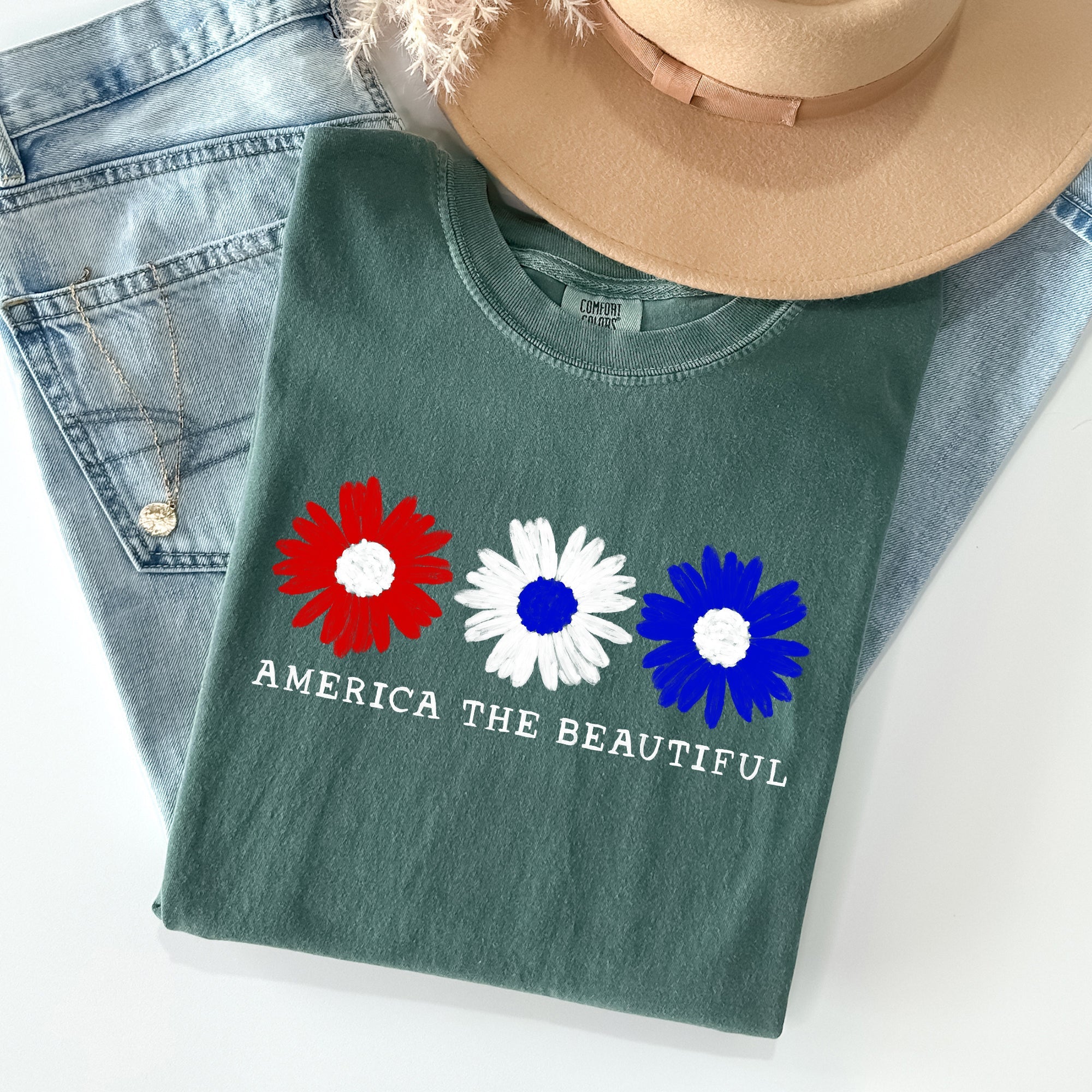 America The Beautiful Flowers Vintage Patriotic Floral Design Comfort Colors Tee