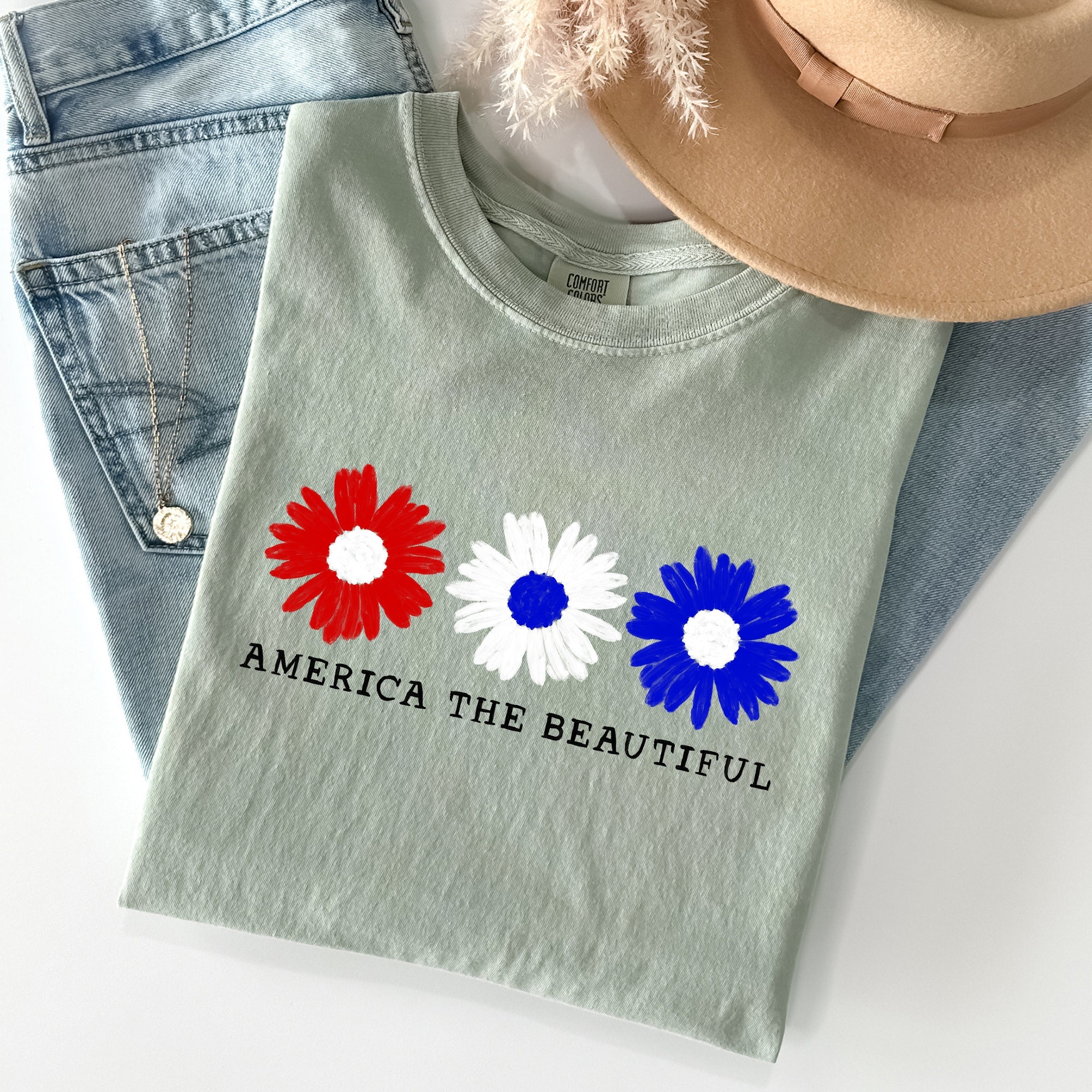 America The Beautiful Flowers Vintage Patriotic Floral Design Comfort Colors Tee