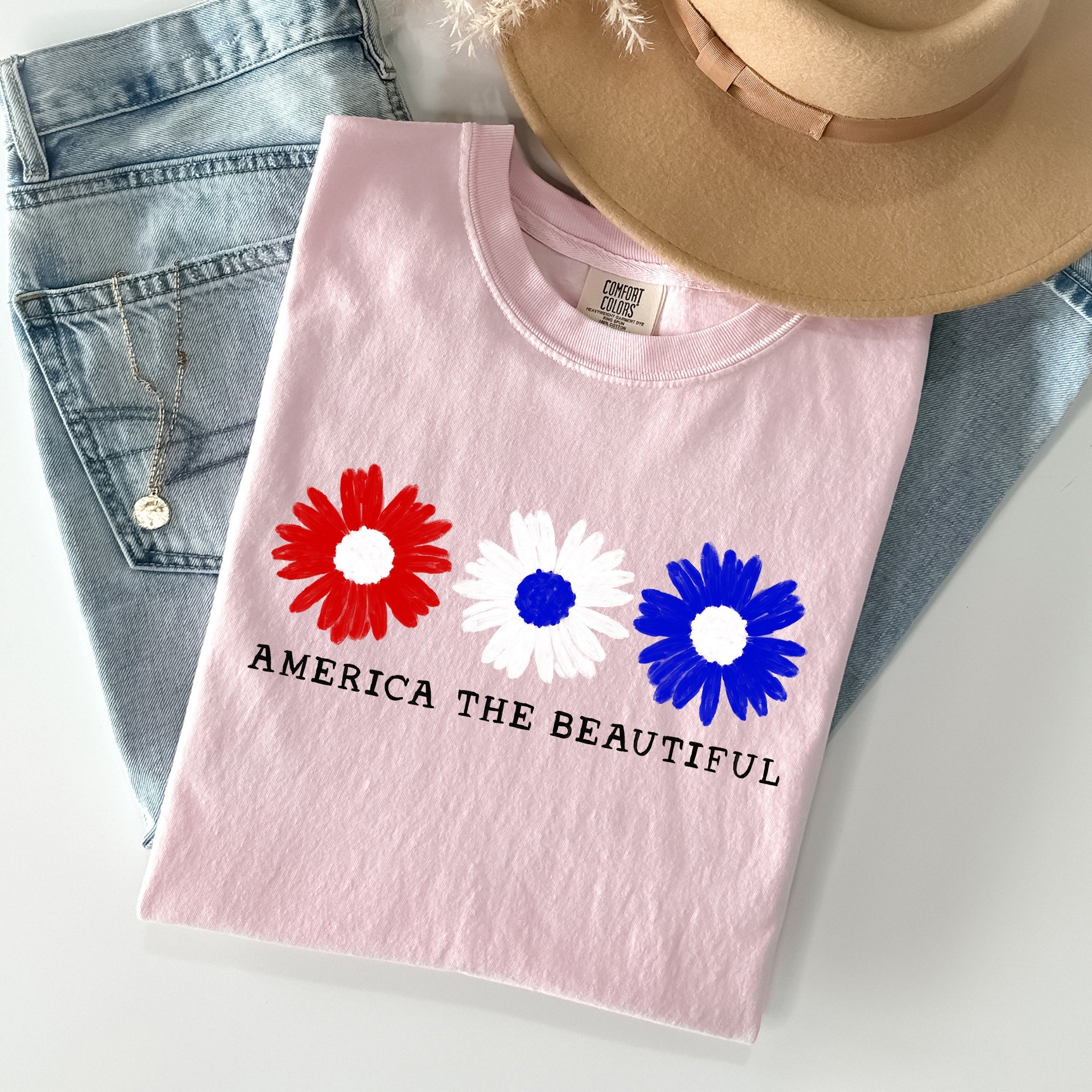 America The Beautiful Flowers Vintage Patriotic Floral Design Comfort Colors Tee