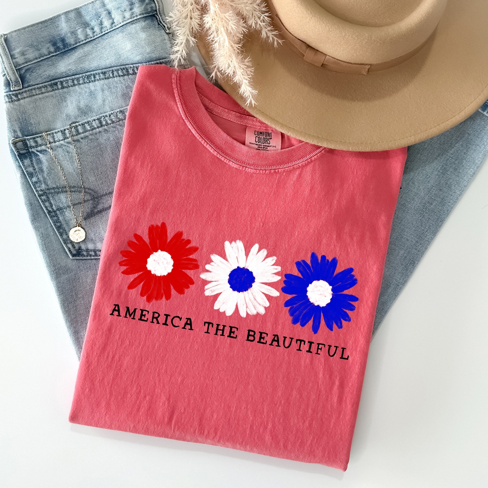America The Beautiful Flowers Vintage Patriotic Floral Design Comfort Colors Tee