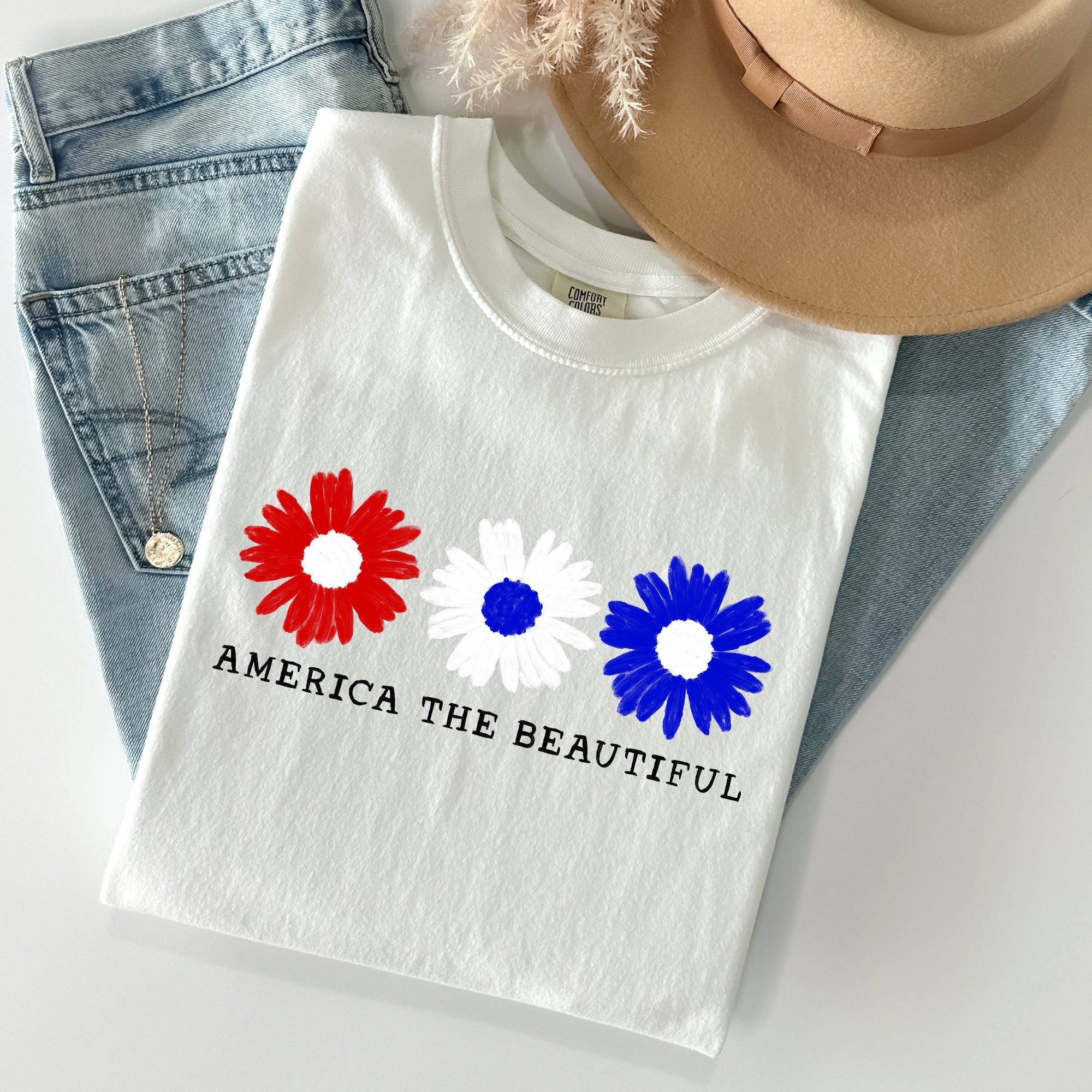 America The Beautiful Flowers Vintage Patriotic Floral Design Comfort Colors Tee