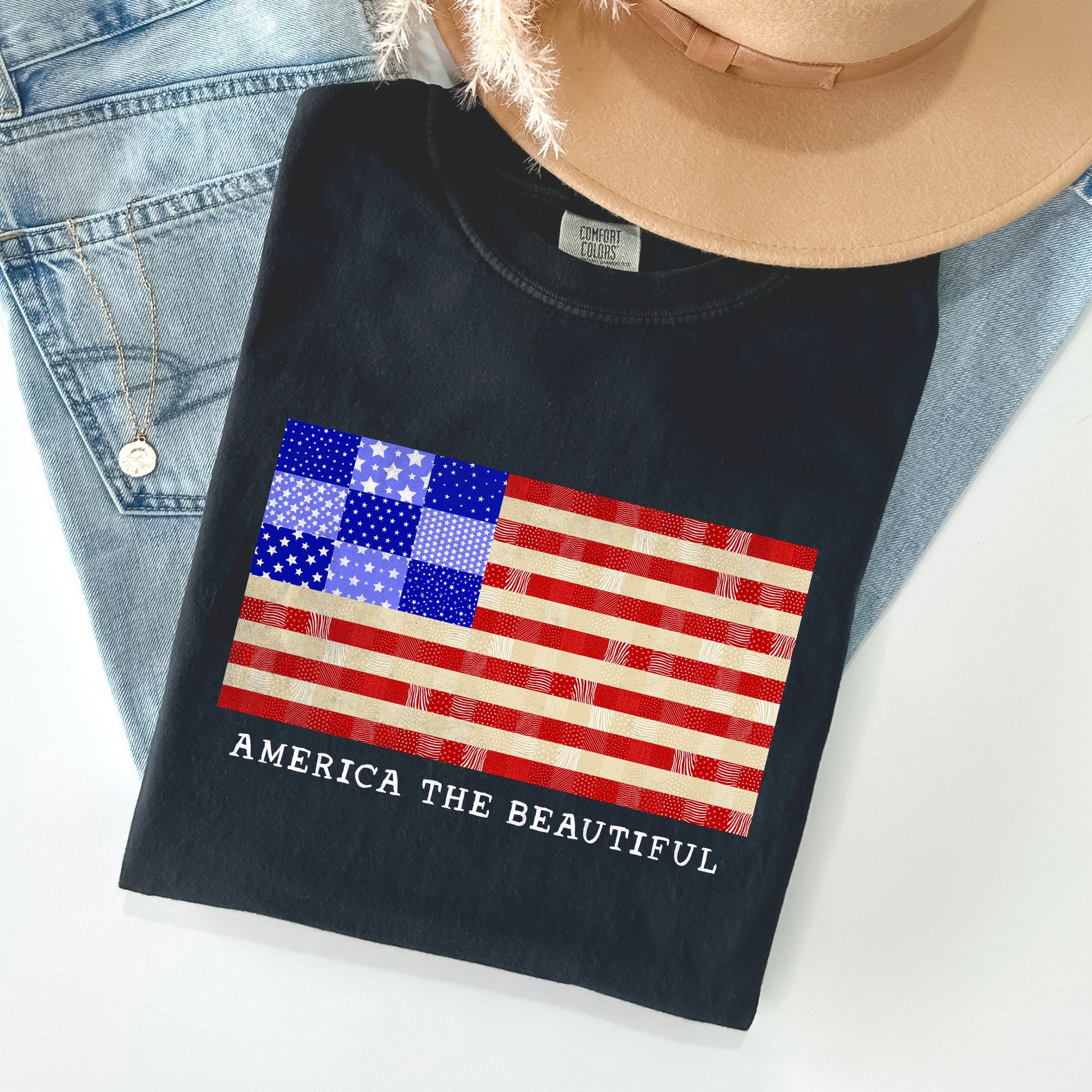 America The Beautiful Quilt Flag Fourth Of July Patriotic Quilt Pattern Comfort Colors Tee