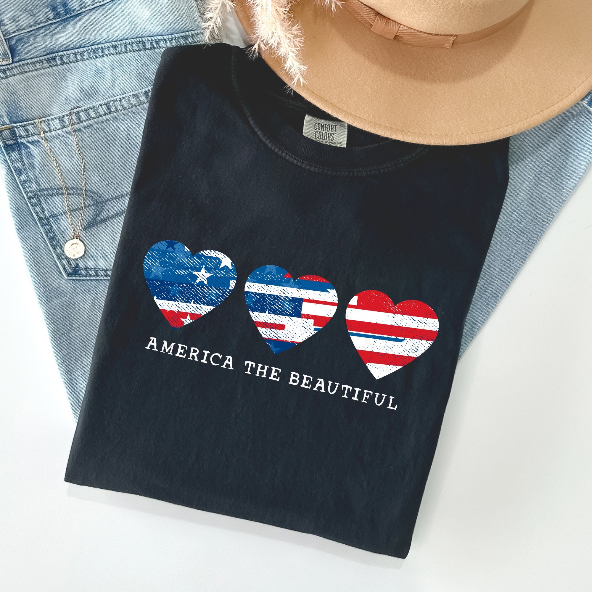 America The Beautiful Retro Hearts Patriotic Vintage Flag Inspired Graphic Edition Comfort Colors Tee