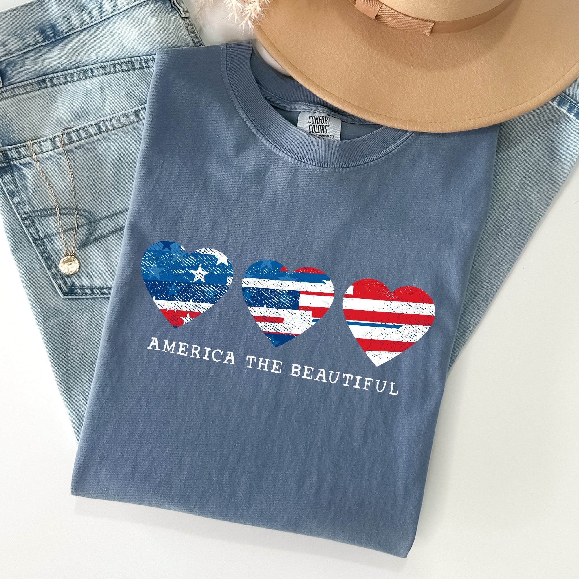 America The Beautiful Retro Hearts Patriotic Vintage Flag Inspired Graphic Edition Comfort Colors Tee