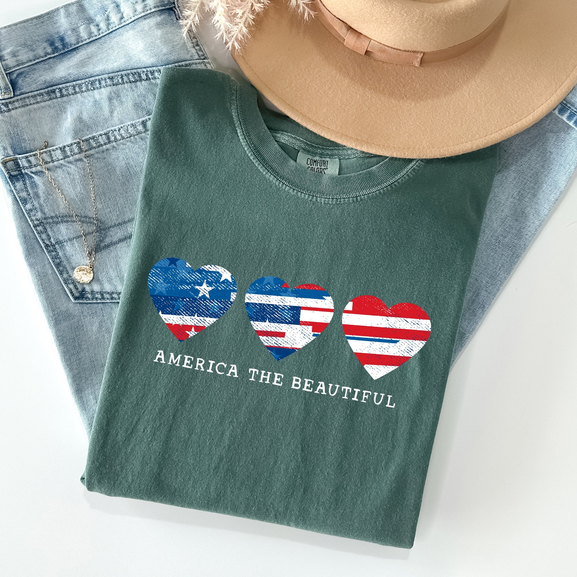 America The Beautiful Retro Hearts Patriotic Vintage Flag Inspired Graphic Edition Comfort Colors Tee