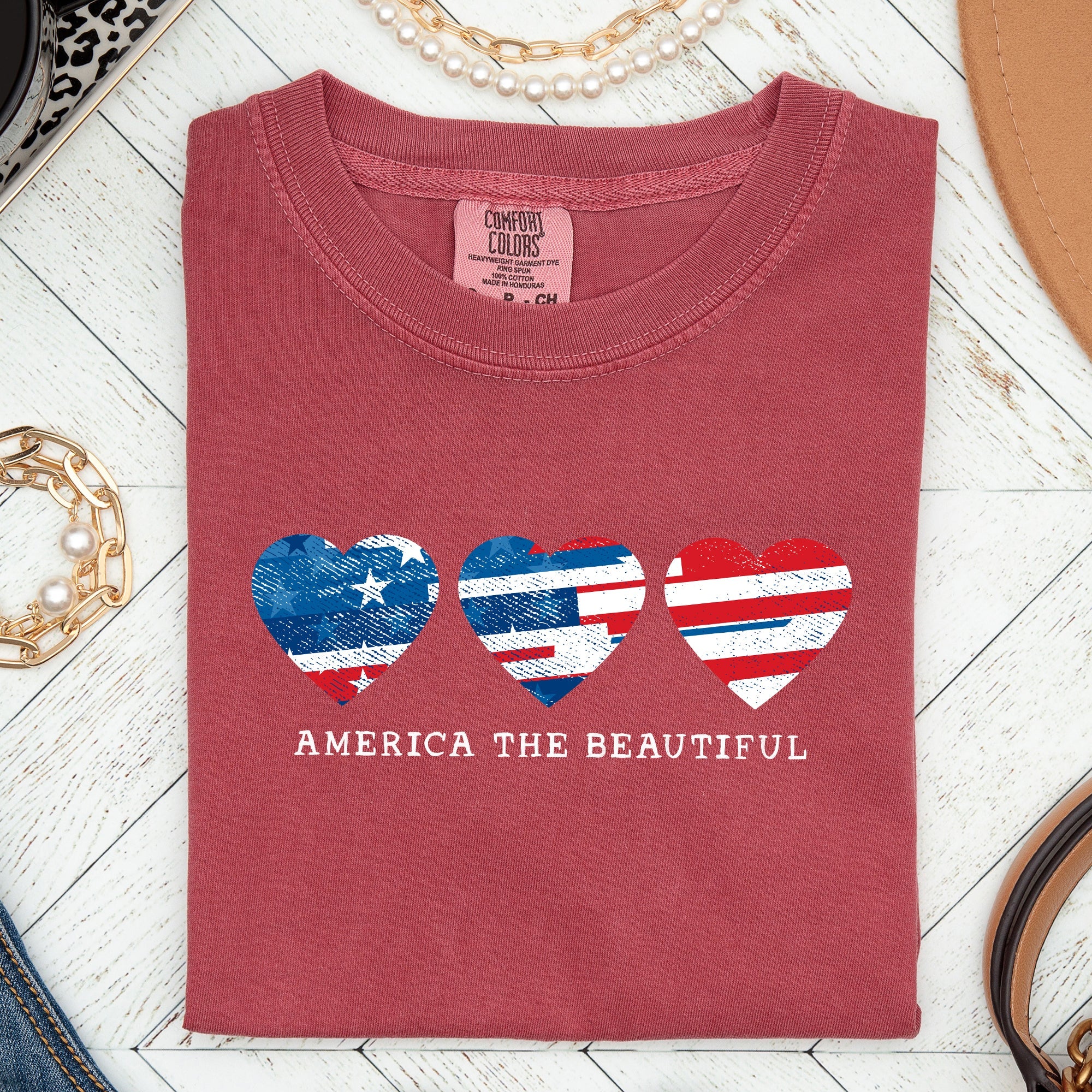 America The Beautiful Retro Hearts Patriotic Vintage Flag Inspired Graphic Edition Comfort Colors Tee