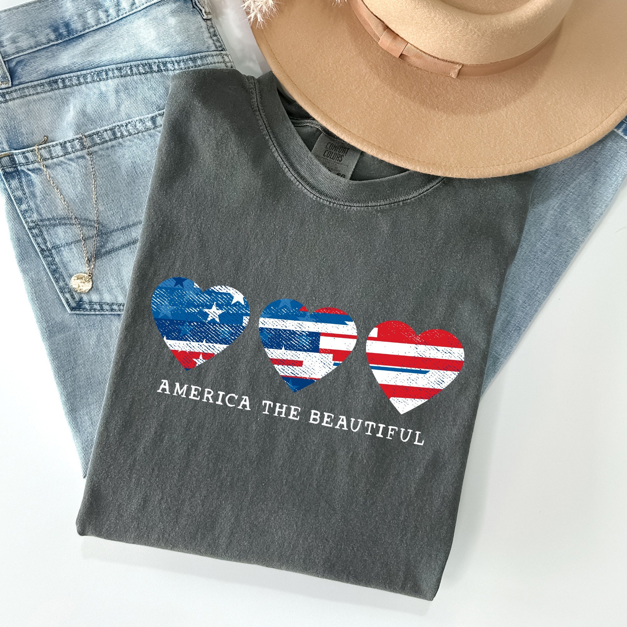 America The Beautiful Retro Hearts Patriotic Vintage Flag Inspired Graphic Edition Comfort Colors Tee