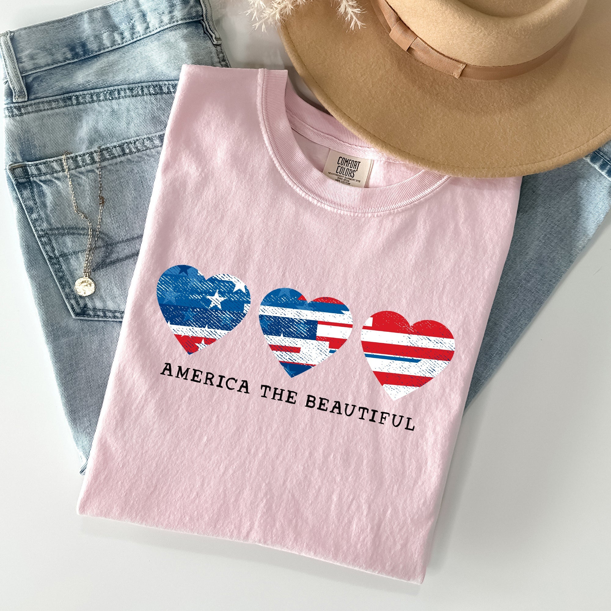 America The Beautiful Retro Hearts Patriotic Vintage Flag Inspired Graphic Edition Comfort Colors Tee
