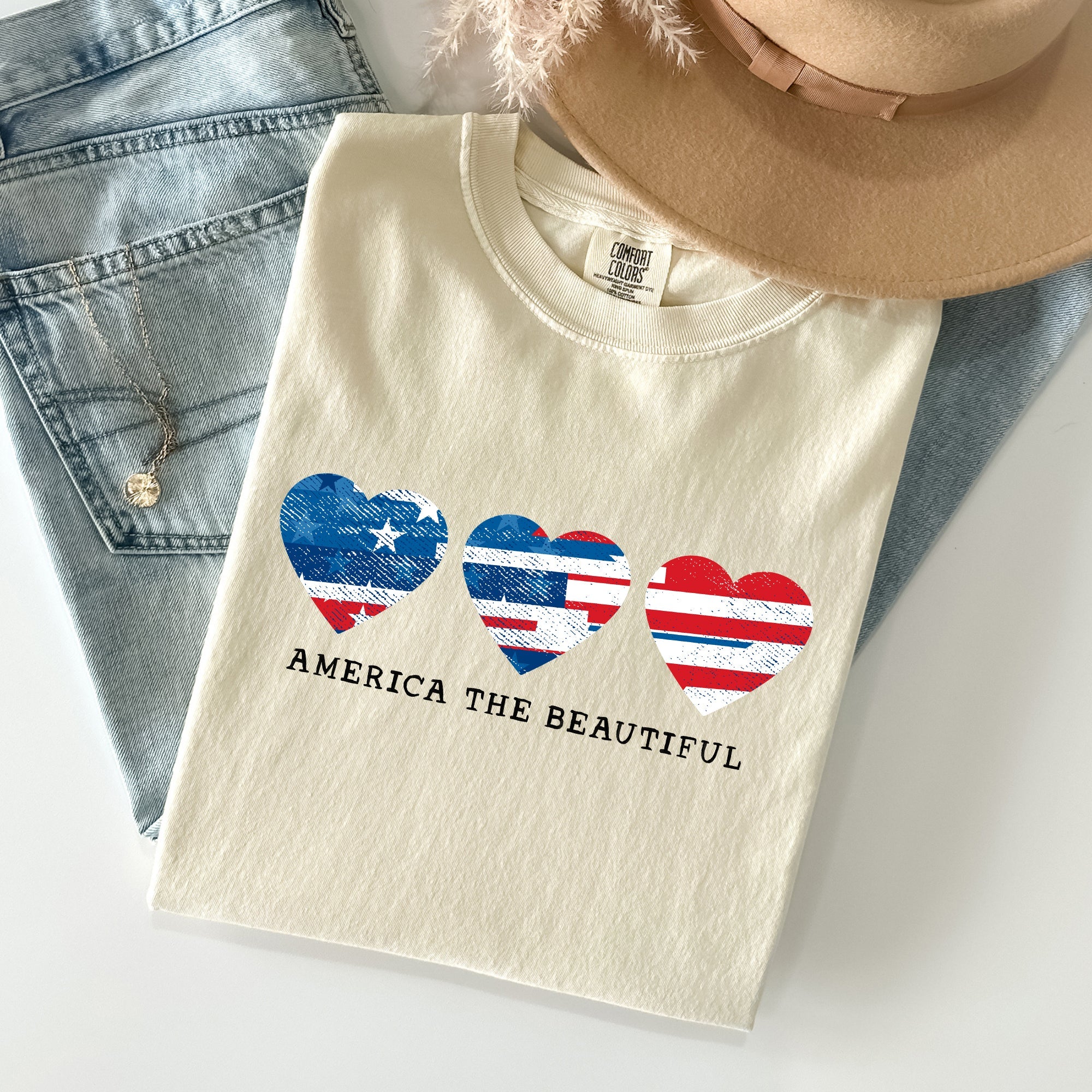 America The Beautiful Retro Hearts Patriotic Vintage Flag Inspired Graphic Edition Comfort Colors Tee