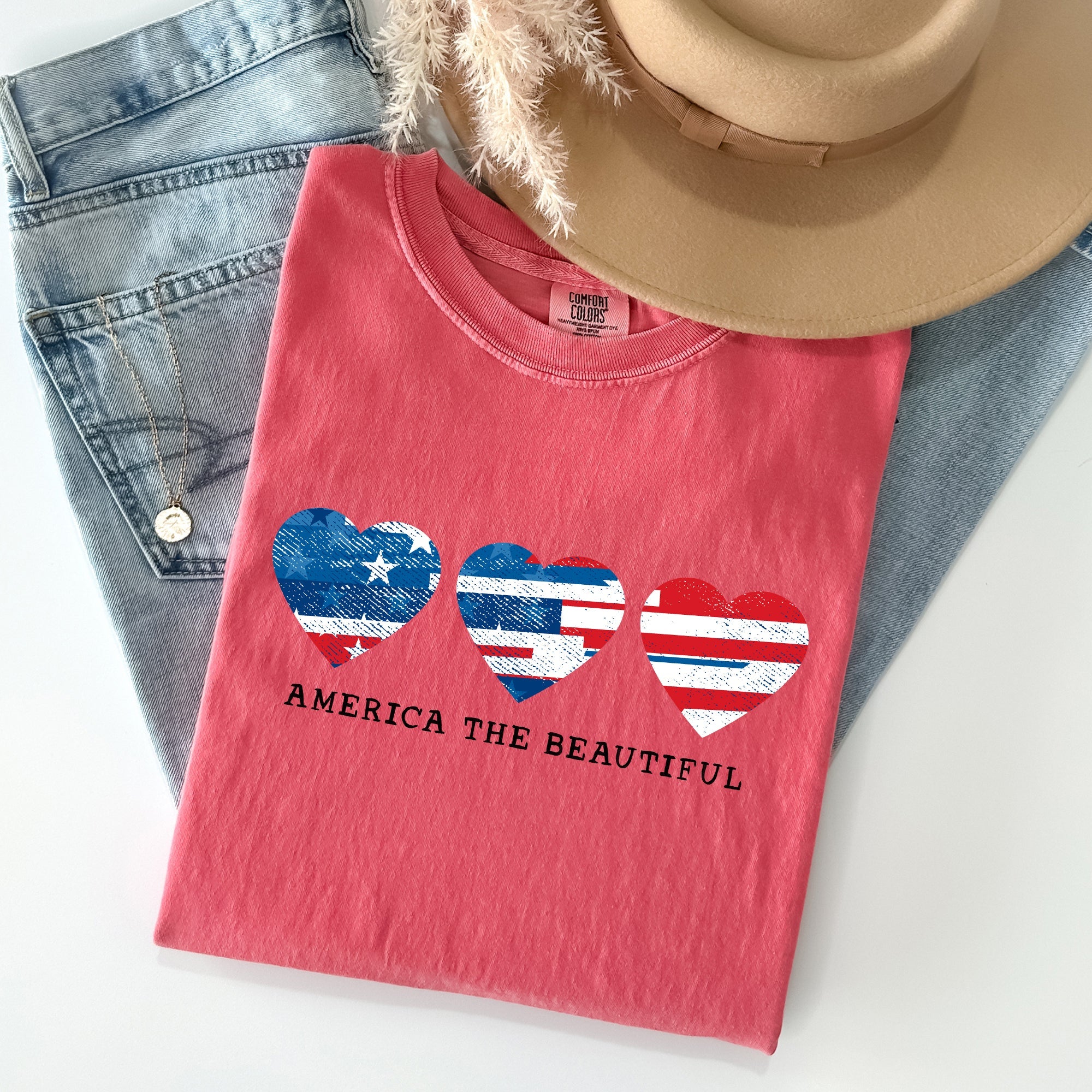 America The Beautiful Retro Hearts Patriotic Vintage Flag Inspired Graphic Edition Comfort Colors Tee