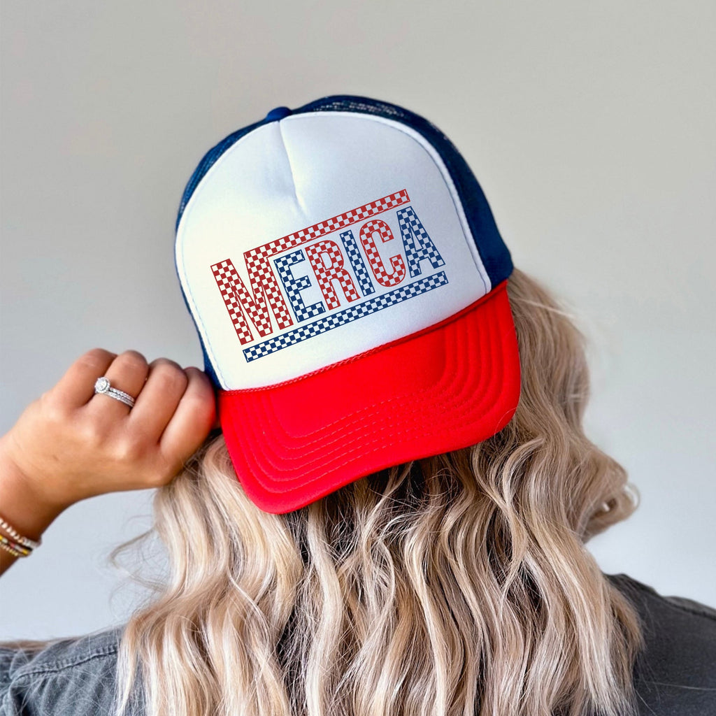 America Checkered Patriotic Fourth Of July Edition Premium Adjustable Trucker Hat