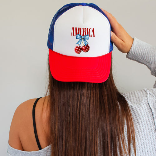 America, Cherries, Patriotic Flag Inspired American Pride Summer Holiday Edition Trucker Hat