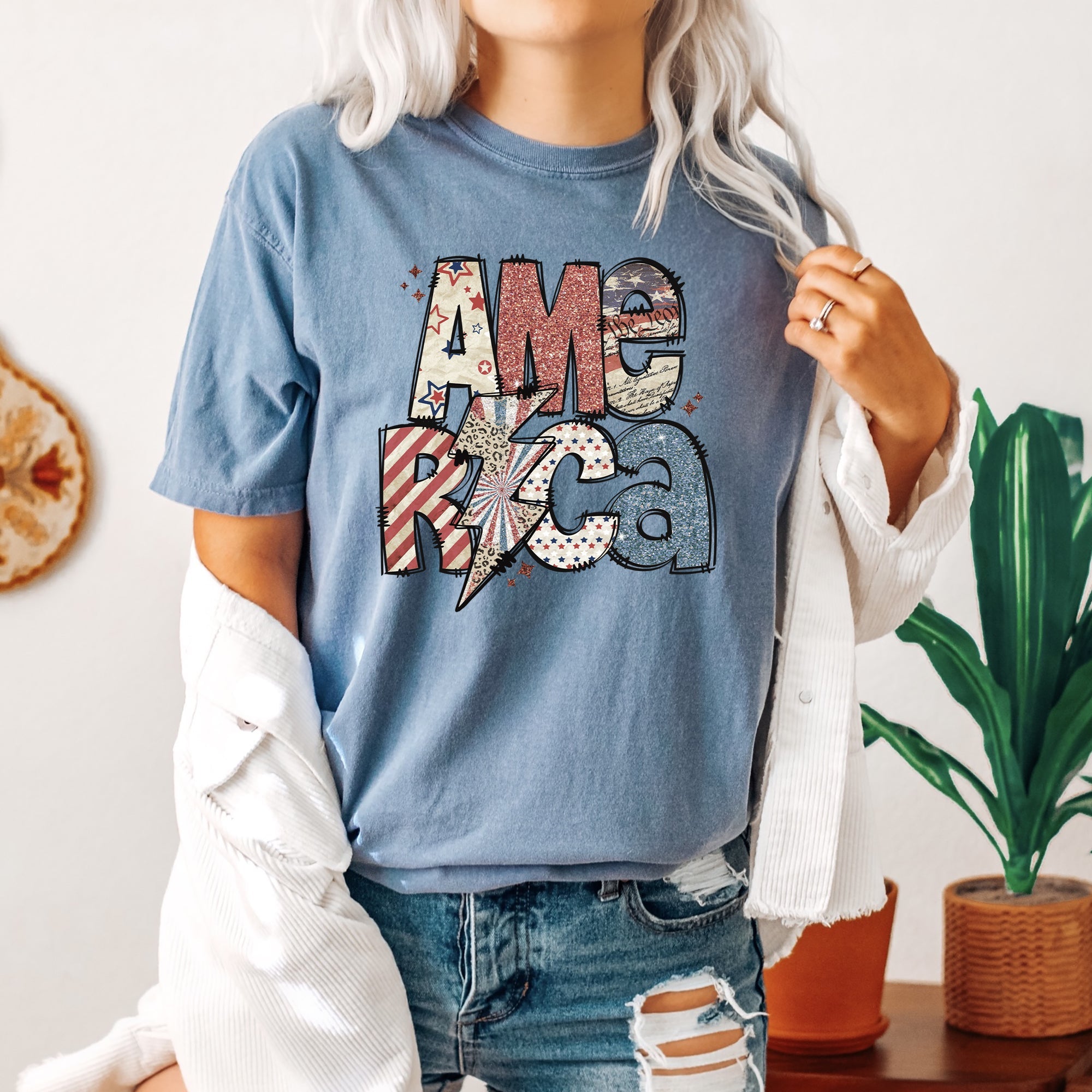 America Patriotic Lightning Bolt Patch Vintage Americana Flag Design Comfort Colors Tee