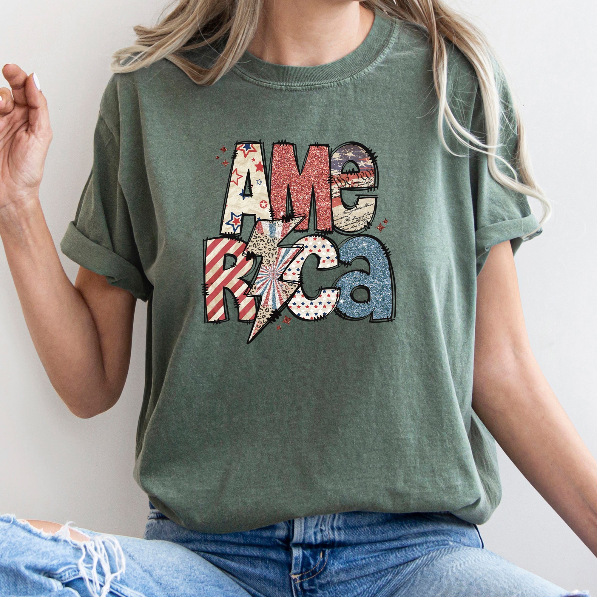America Patriotic Lightning Bolt Patch Vintage Americana Flag Design Comfort Colors Tee
