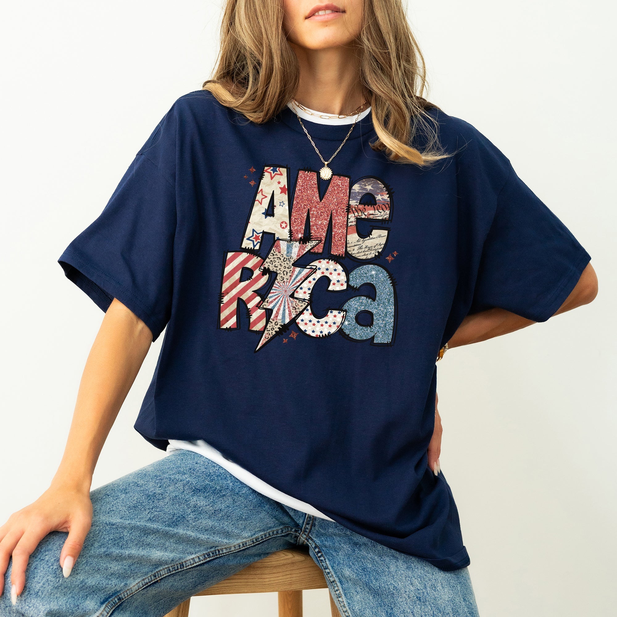America Patriotic Lightning Bolt Patch Vintage Americana Flag Design Comfort Colors Tee