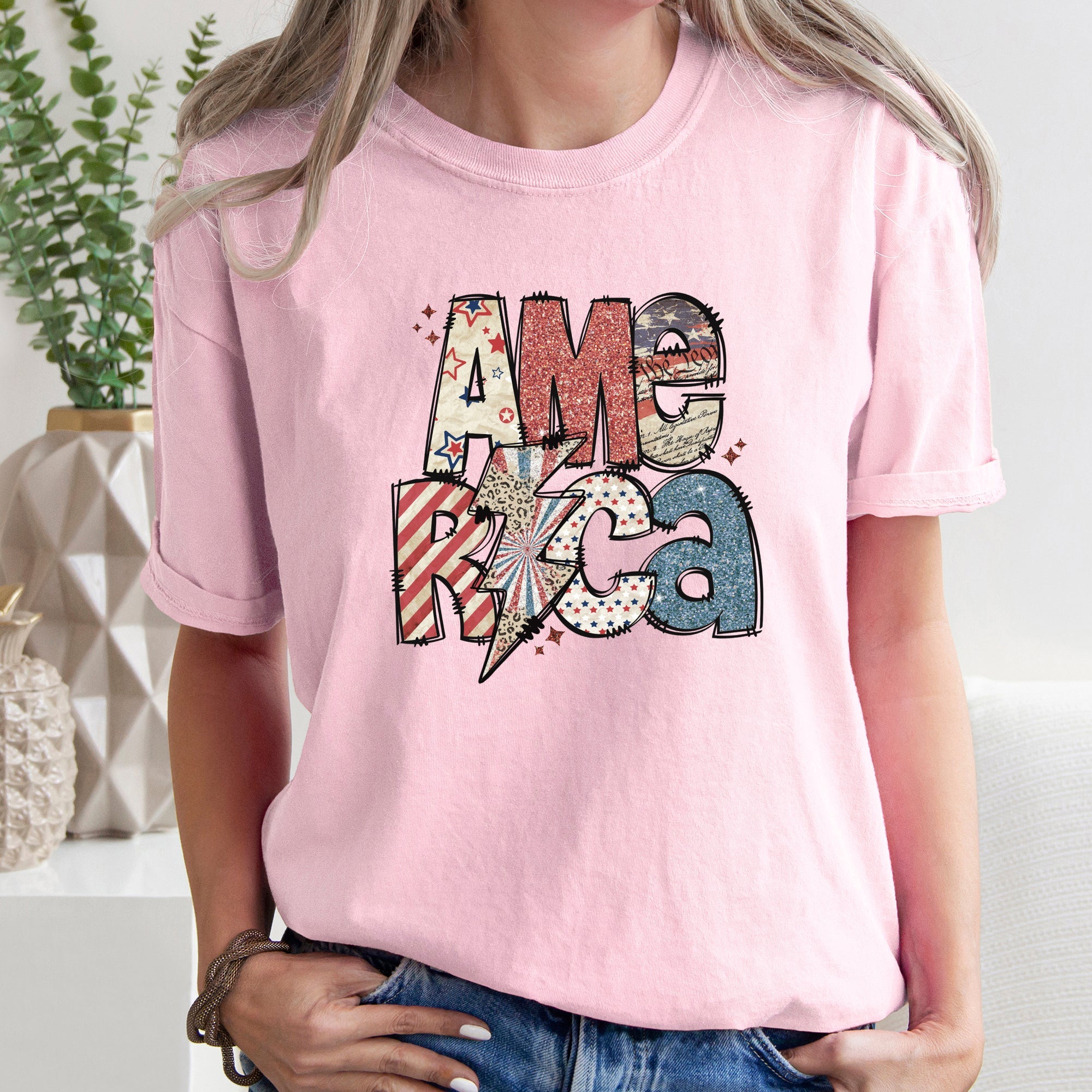 America Patriotic Lightning Bolt Patch Vintage Americana Flag Design Comfort Colors Tee