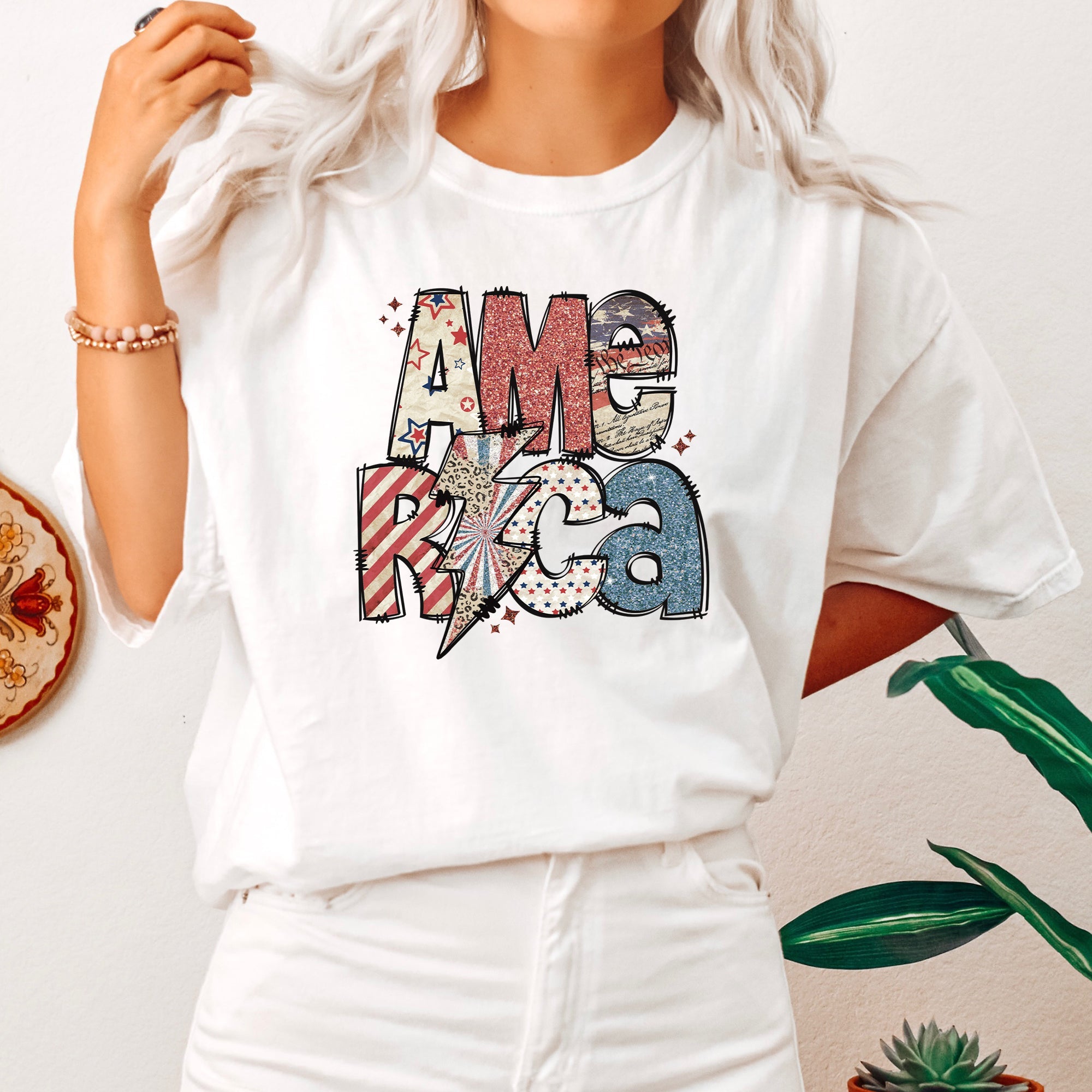 America Patriotic Lightning Bolt Patch Vintage Americana Flag Design Comfort Colors Tee