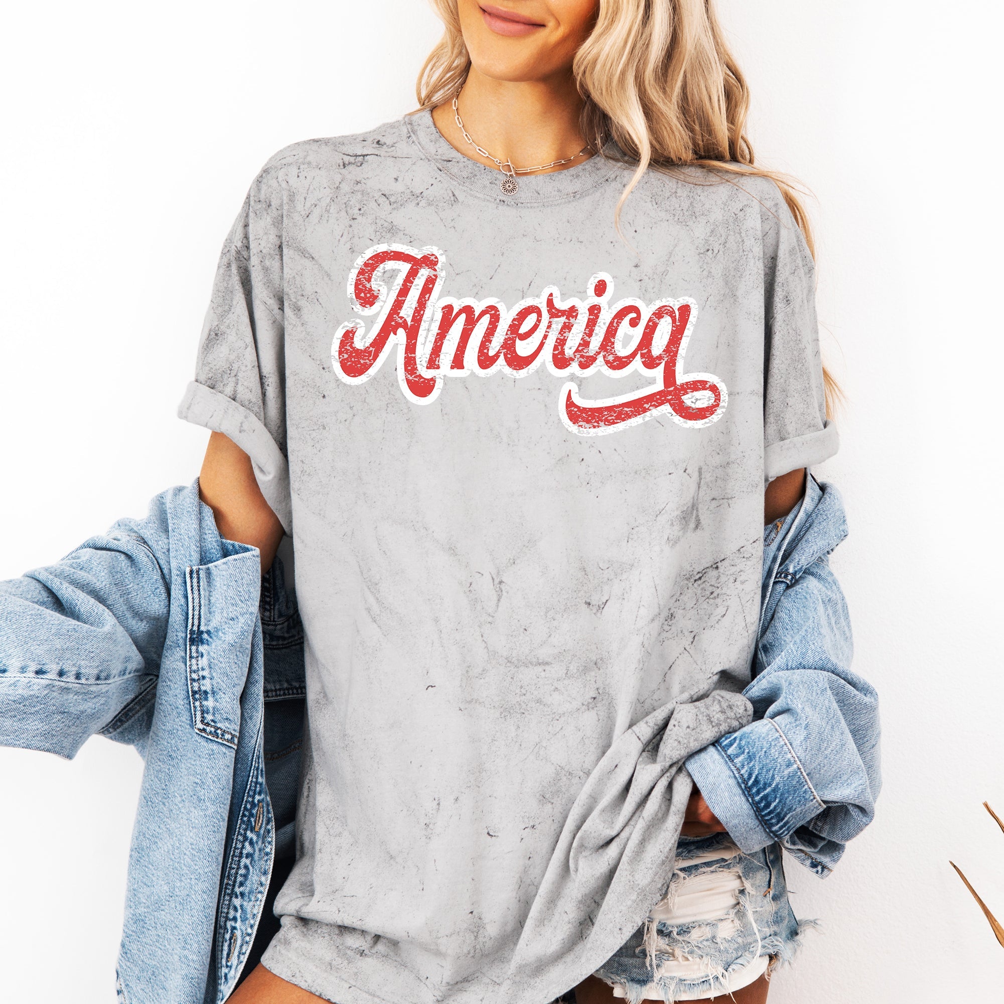 Color Blast America Patriot USA 4th of July Vintage Varsity Retro Red White Blue Color Block Comfort Colors Tee
