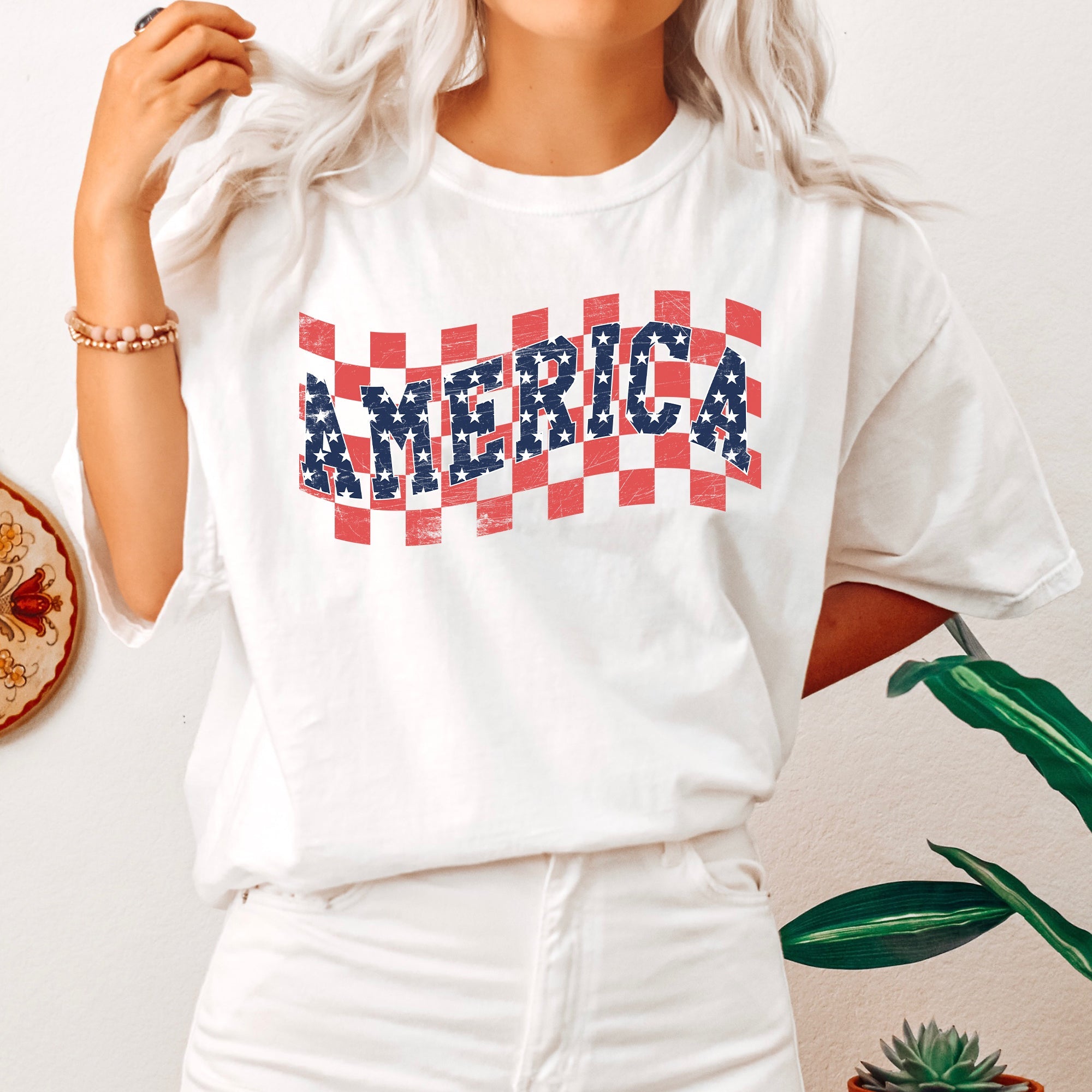 America Retro Patriotic USA Checkered Vintage Flag Inspired Heritage Edition Comfort Colors Tee