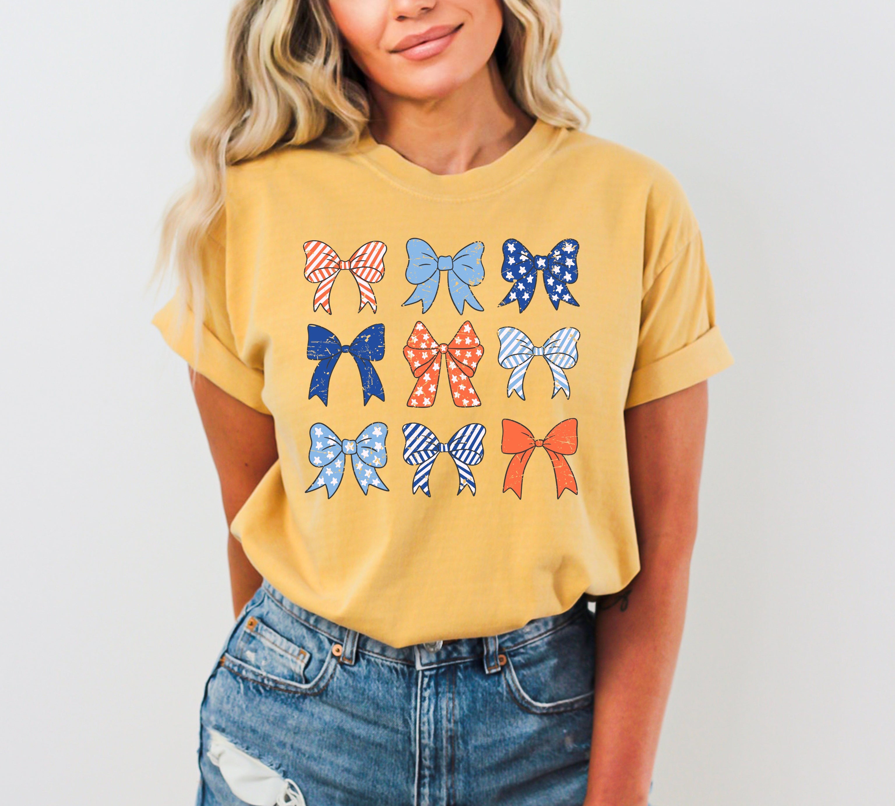 American Bows Ribbon Stars And Stripes Coquette USA Independence Day Retro Vintage Comfort Colors Tee