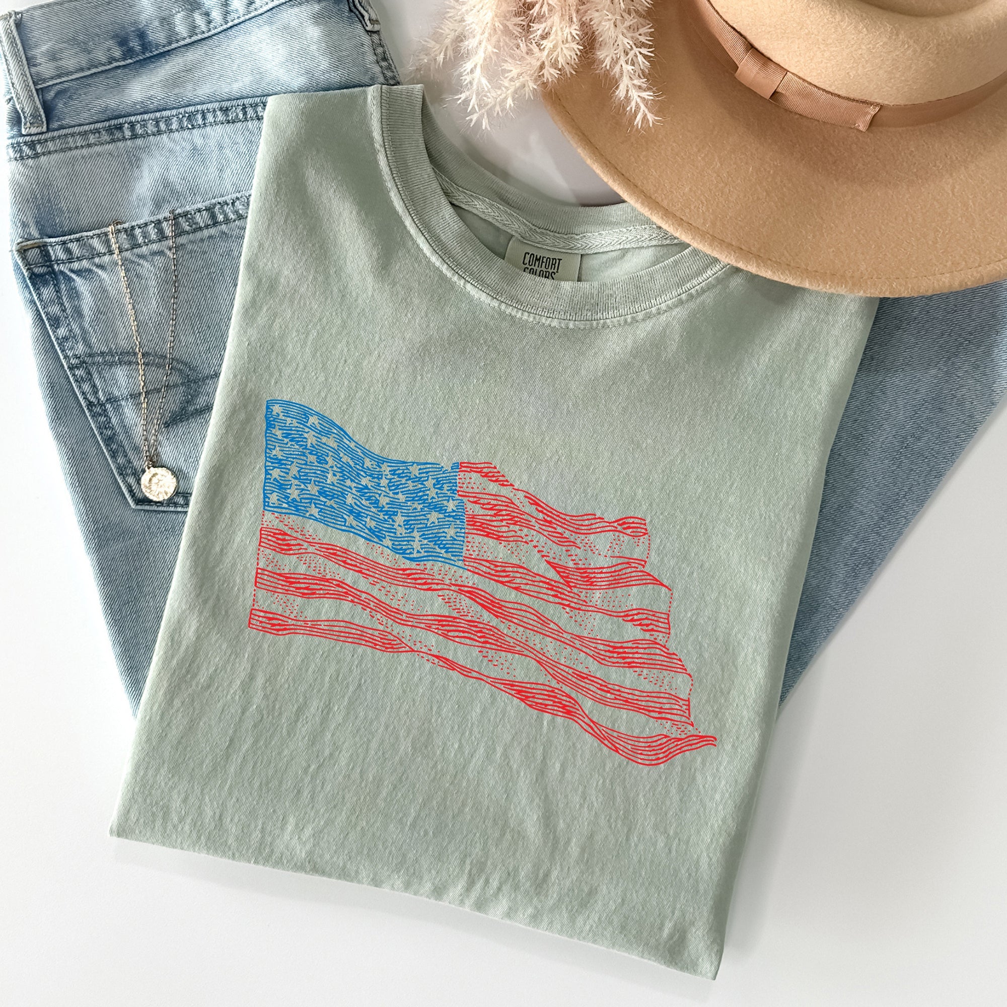 American Flag Illustration Patriotic 4th Of July Vintage Style Comfort Colors Tee