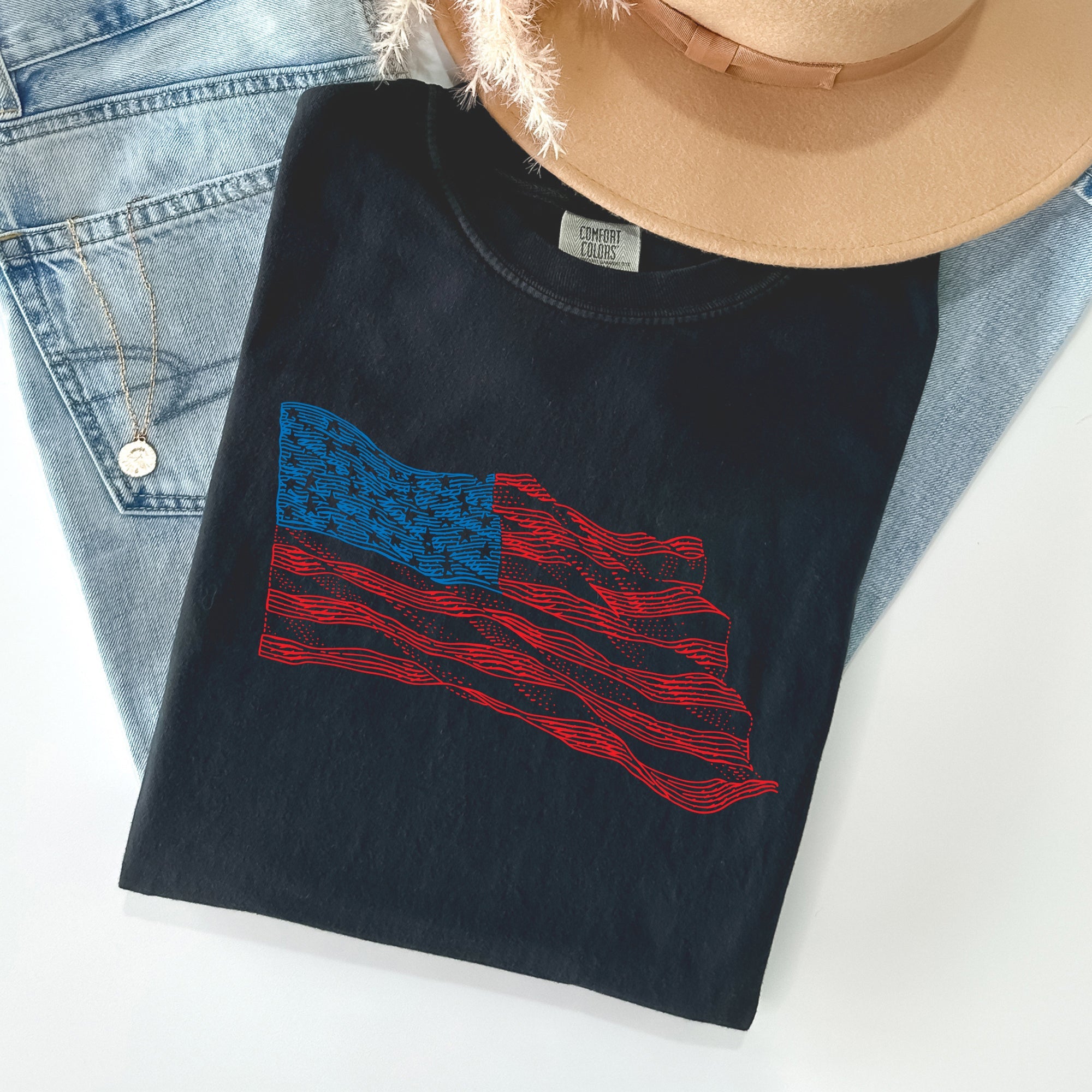 American Flag Illustration Patriotic 4th Of July Vintage Style Comfort Colors Tee