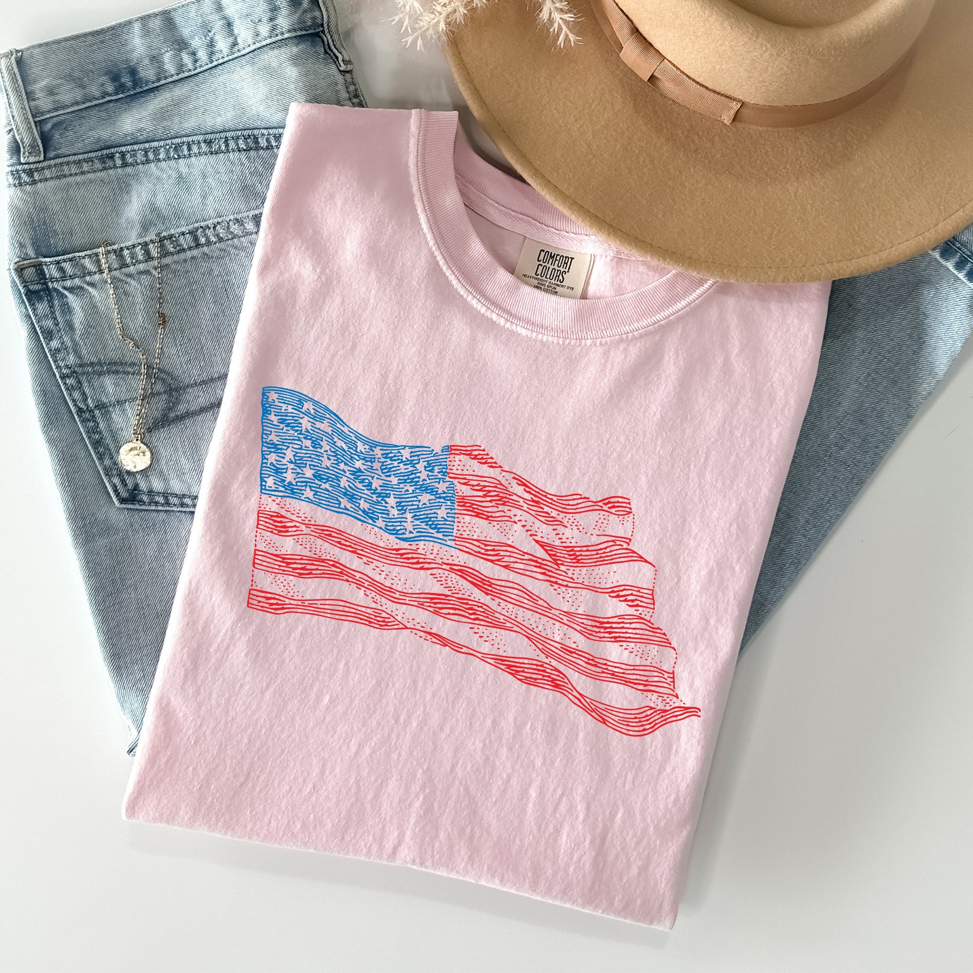 American Flag Illustration Patriotic 4th Of July Vintage Style Comfort Colors Tee