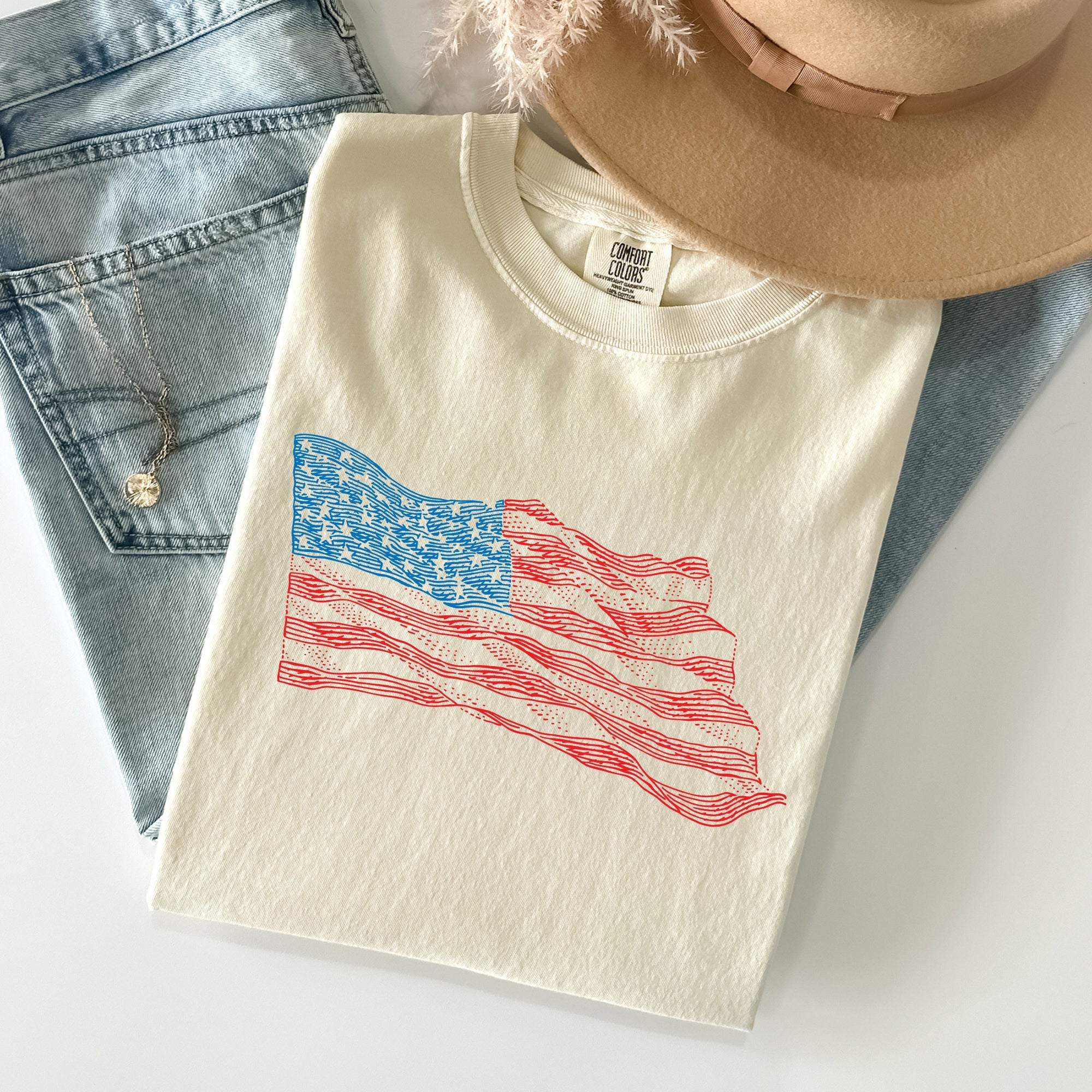 American Flag Illustration Patriotic 4th Of July Vintage Style Comfort Colors Tee