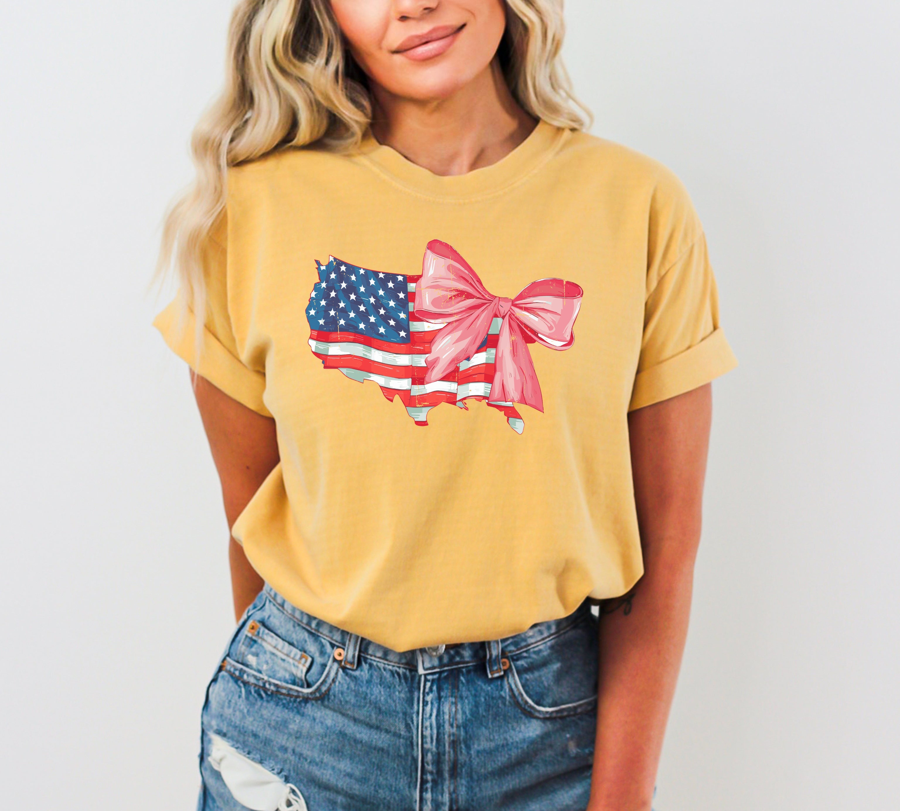 Coquette American Flag Bow Ribbon USA Independence Day Retro Vintage Comfort Colors Tee