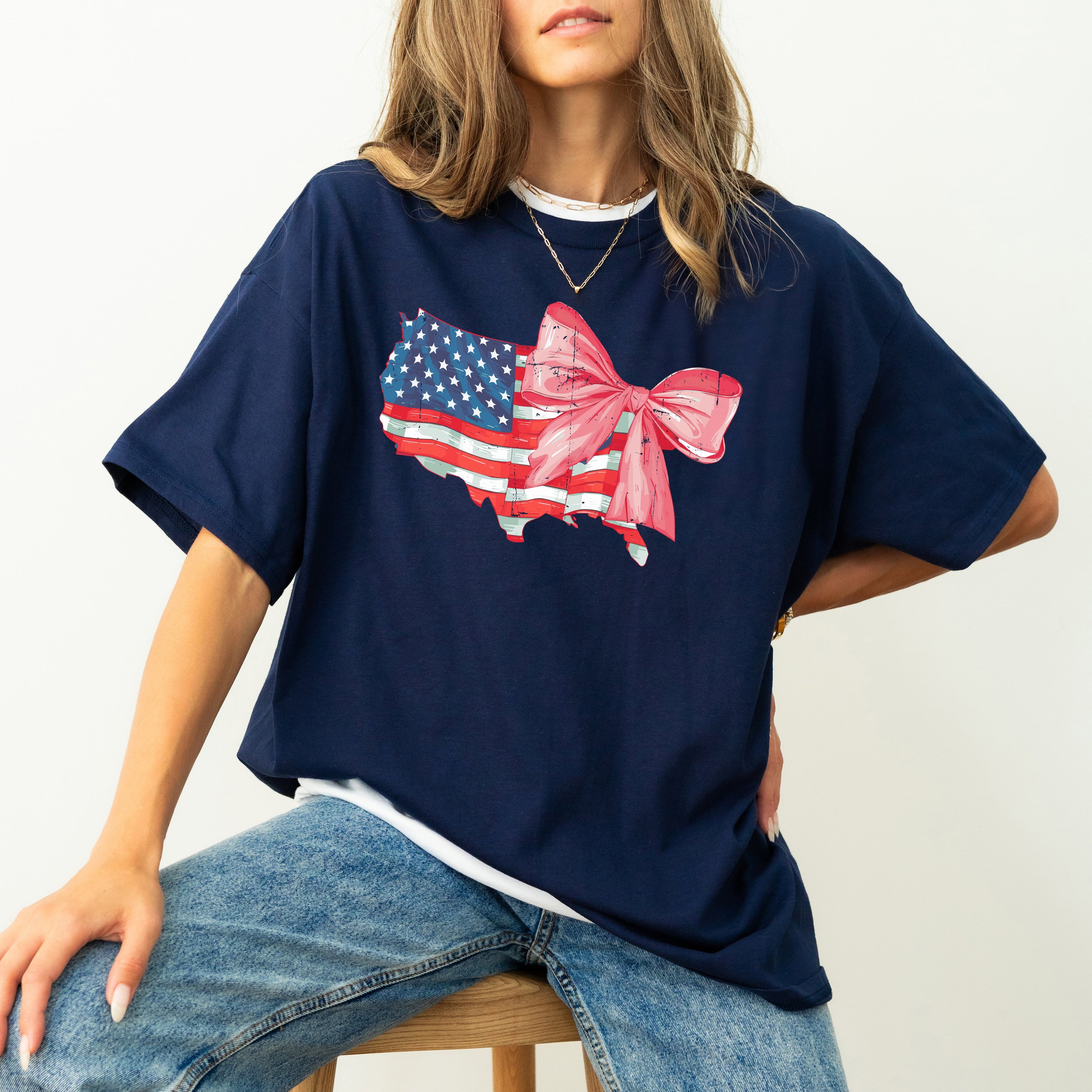 Coquette American Flag Bow Ribbon USA Independence Day Retro Vintage Comfort Colors Tee