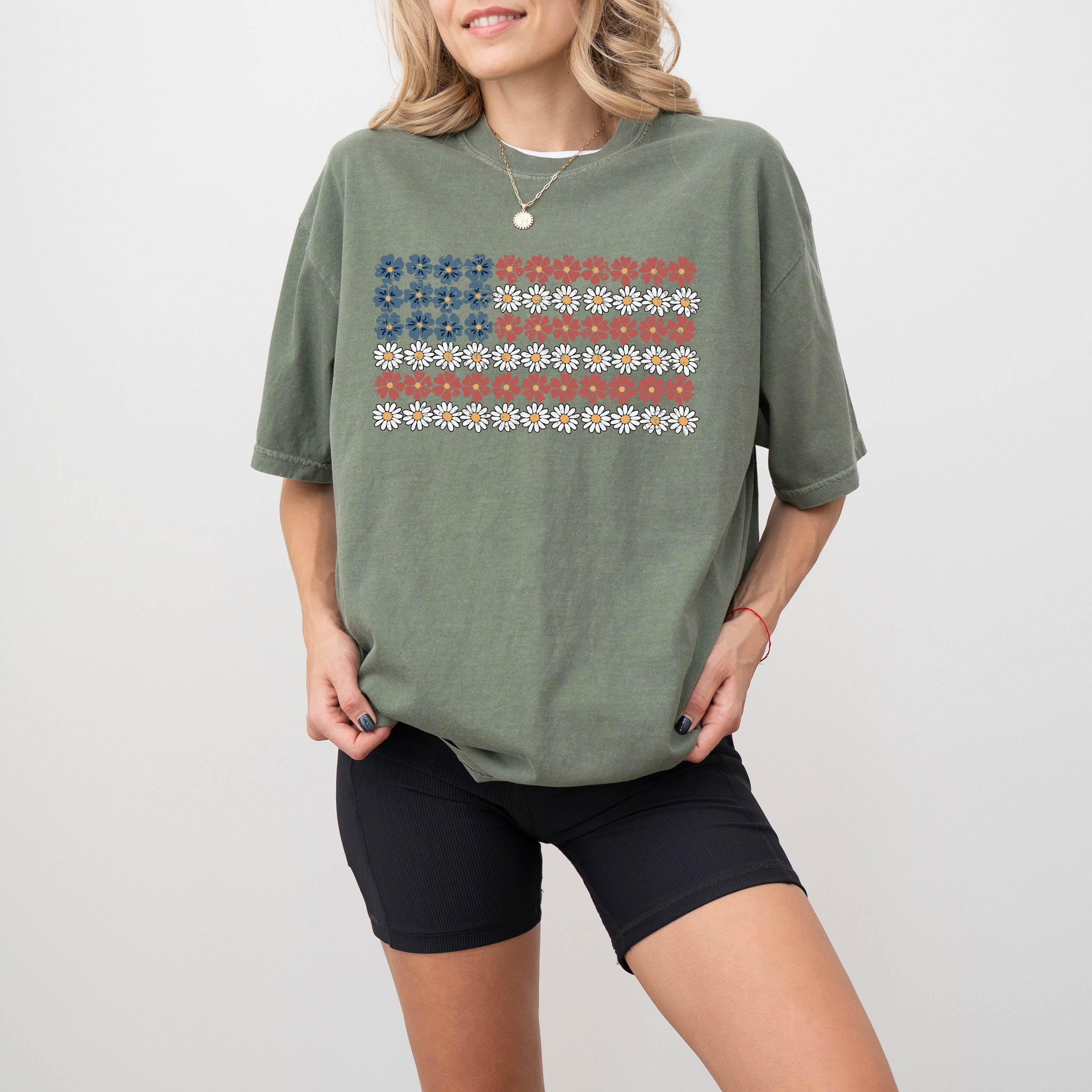 American Flag Floral Patriotic Garden 1776 USA Inspired Vintage Style Comfort Colors Tee