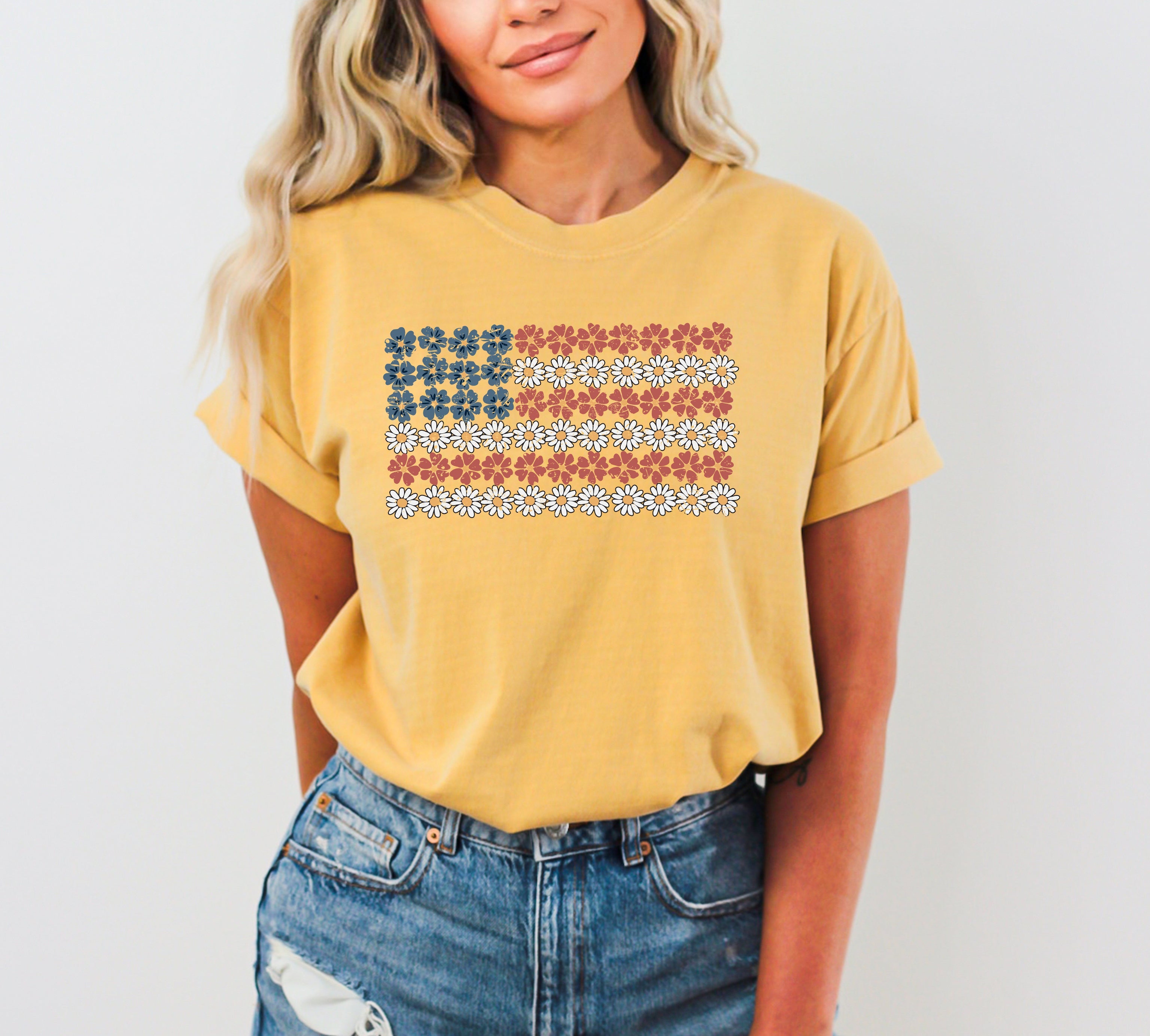 American Flag Floral Patriotic Garden 1776 USA Inspired Vintage Style Comfort Colors Tee