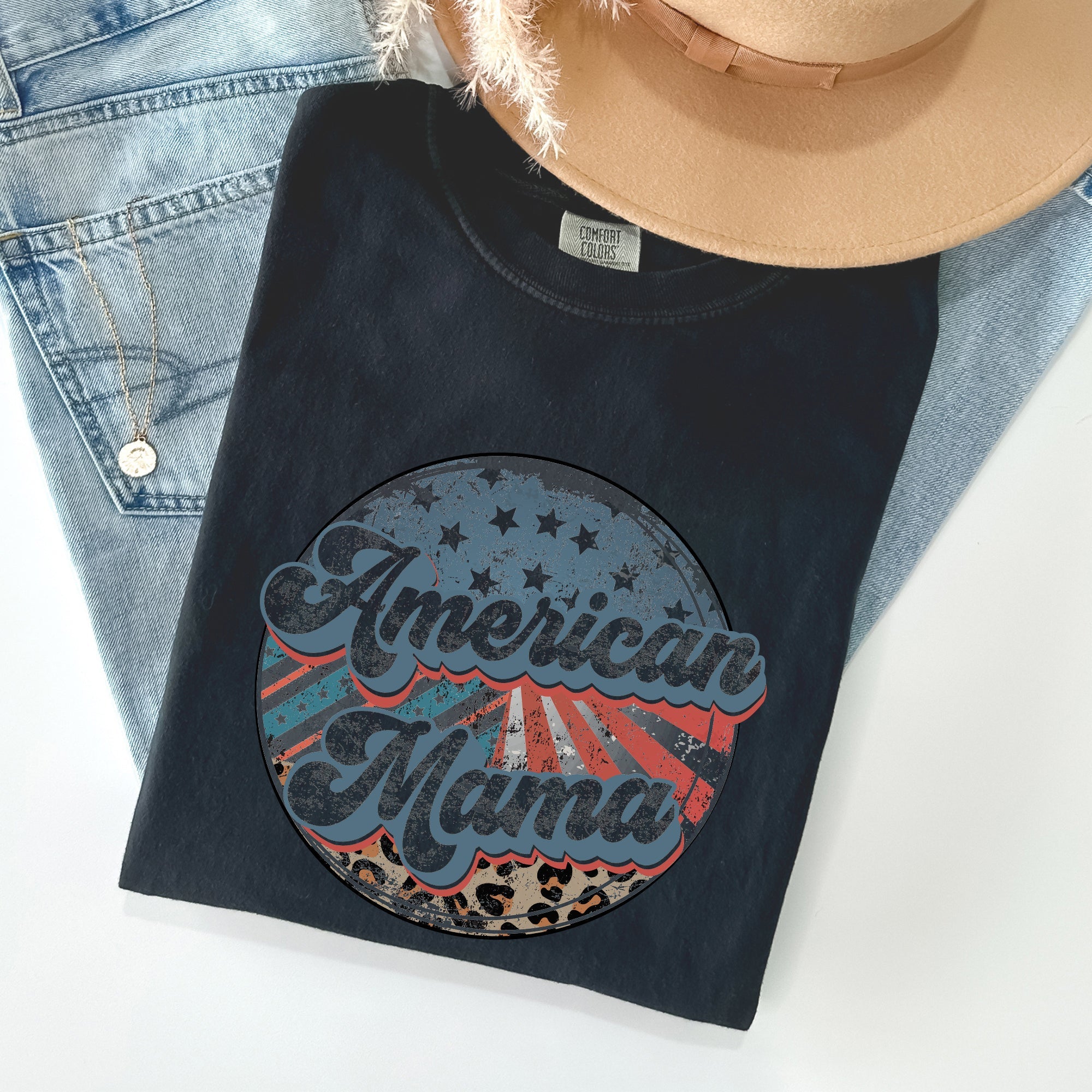 American Mama Leopard Print Patriotic 4th of July Vintage Flag Pattern Comfort Colors Tee