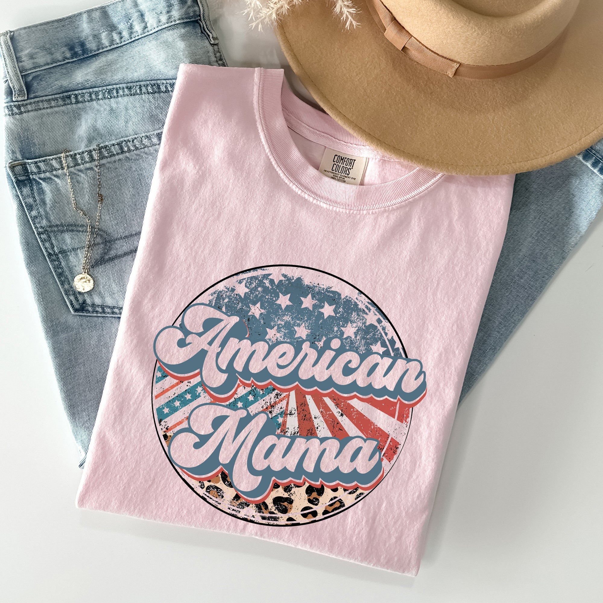 American Mama Leopard Print Patriotic 4th of July Vintage Flag Pattern Comfort Colors Tee
