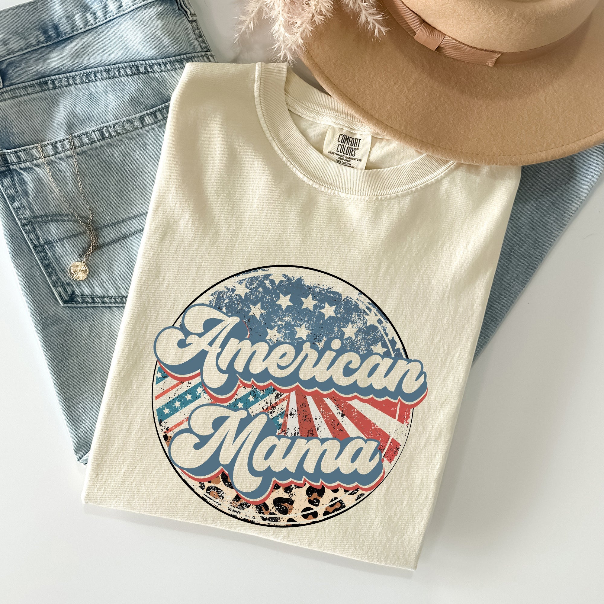 American Mama Leopard Print Patriotic 4th of July Vintage Flag Pattern Comfort Colors Tee